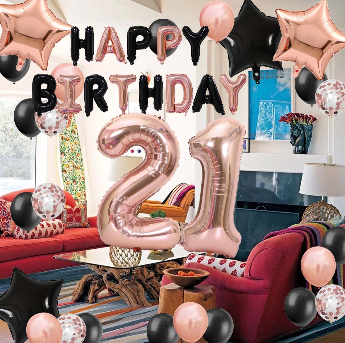 Amazon.com: 21st Birthday Decorations For Her, Black Rose Gold 21st Happy Birthday  Birthday Banner Jumbo Number 21 Star Foil Balloons Latex Confetti Balloon  for Girl Her 21 Years Old Birthday Party(21st) :