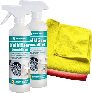 HOTREGA Kalklöser tensidfrei | 2x 500 ml Entkalker + 2 Waffeltücher | Badreiniger gegen Kalkstein & Rost | Für Acryl, Keramik, Glas & Fliesen | Ohne Duftstoffe | pH-Wert 2 | Made in Germany