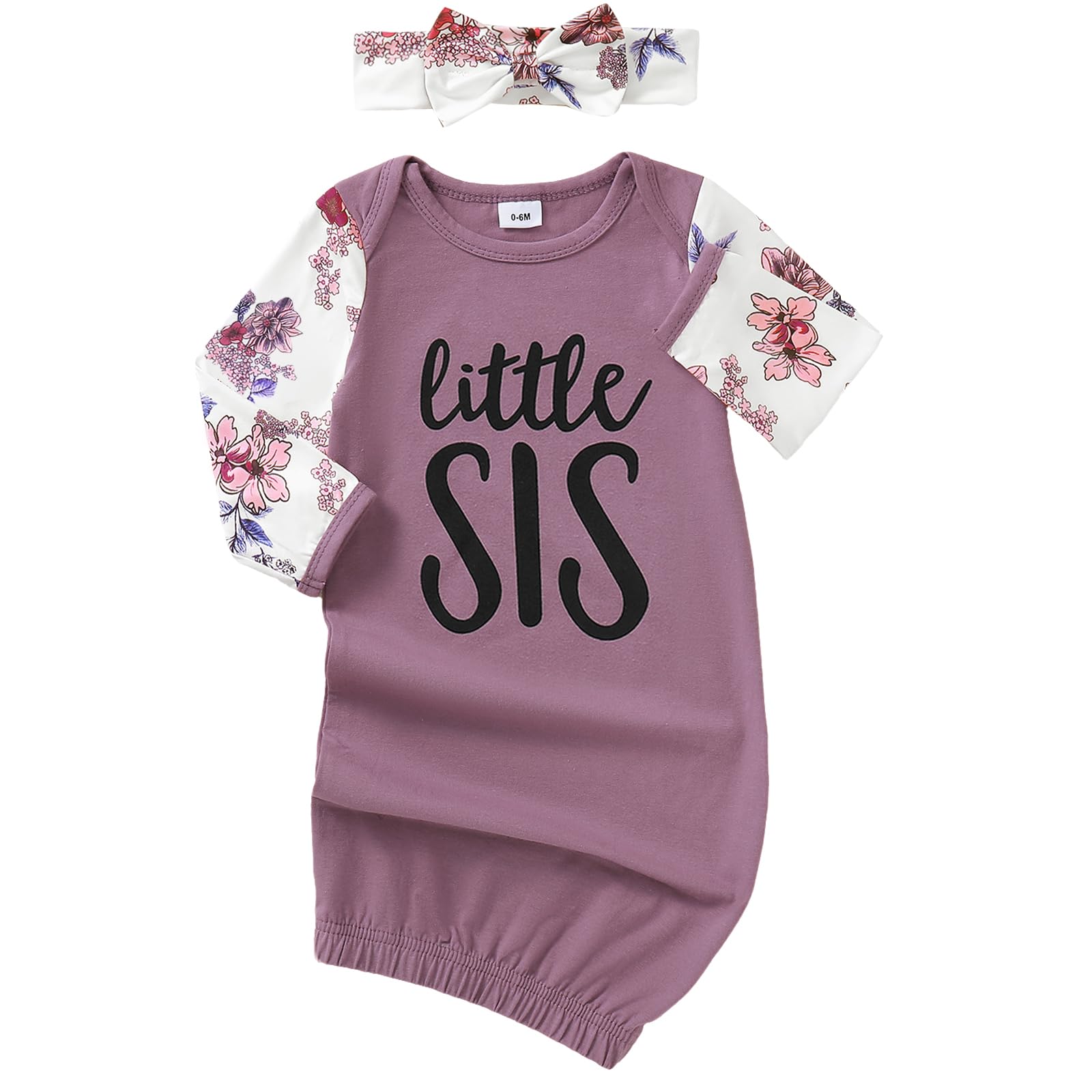 AMAWMW Newborn Baby Girl Little Sister Sleeper Gown Stripe Long Sleeve Nightgown Pajamas Gifts Stuff Essential Outfit S Purple Floral Sleeve 0-6 Months