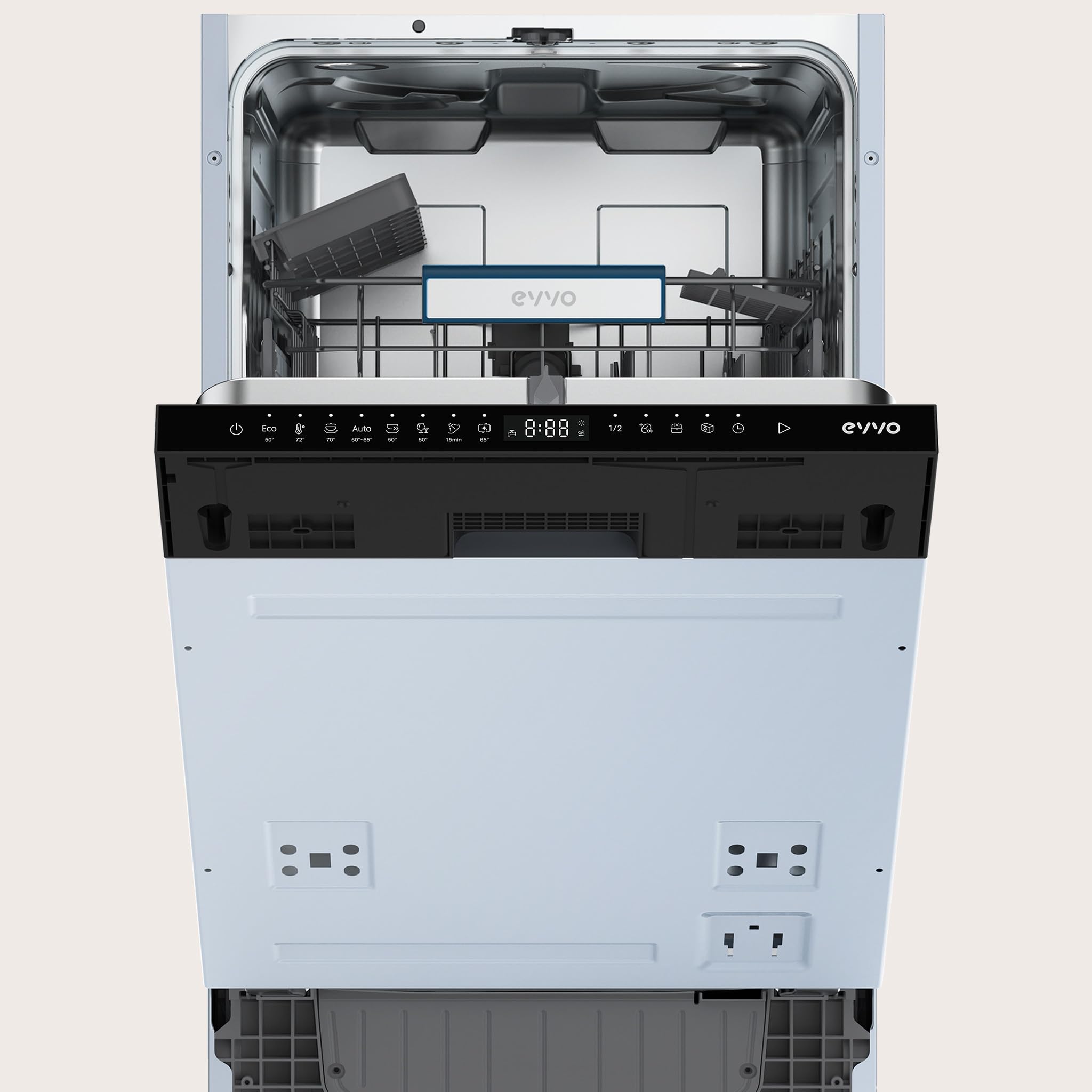 EVVO Lavavajillas Integrable Di.3 Slim 45 cm - Lavavajillas Pequeño Panelable de 10 Cubiertos, Clase D, 8 Programas con Modo Auto, Apertura Automática de Puerta y Media Carga, Lavaplatos Estrecho