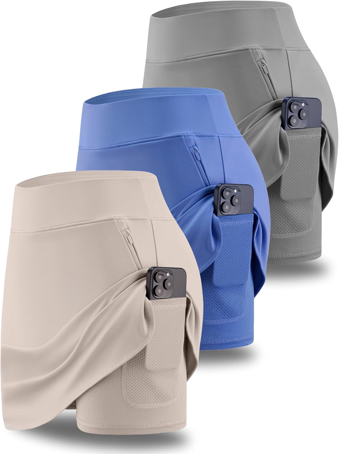 3 Pack Women's Athletic Skirts with Shorts Underneath, Tennis Golf Skorts Tummy Control Pockets for Workout Gym
