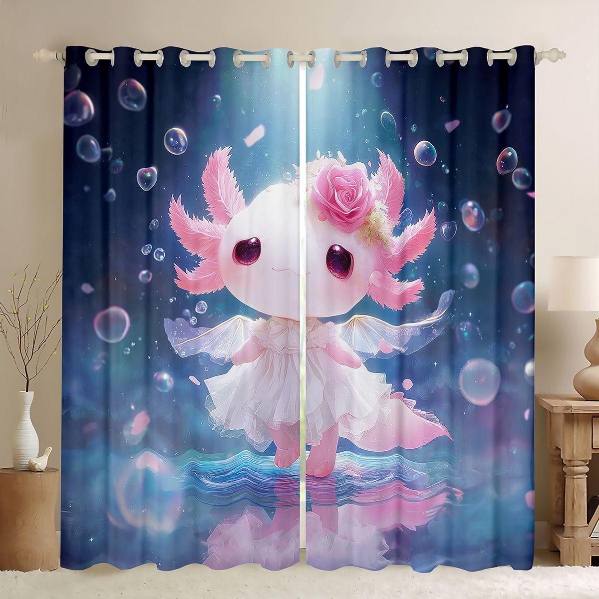 Homemissing Tende oscuranti Princess Axolotl con salamandra in stile cartone animato, tende oscuranti per soggiorno, decorazione per soggiorno, motivo creatura marina, isolamento termico, romantiche