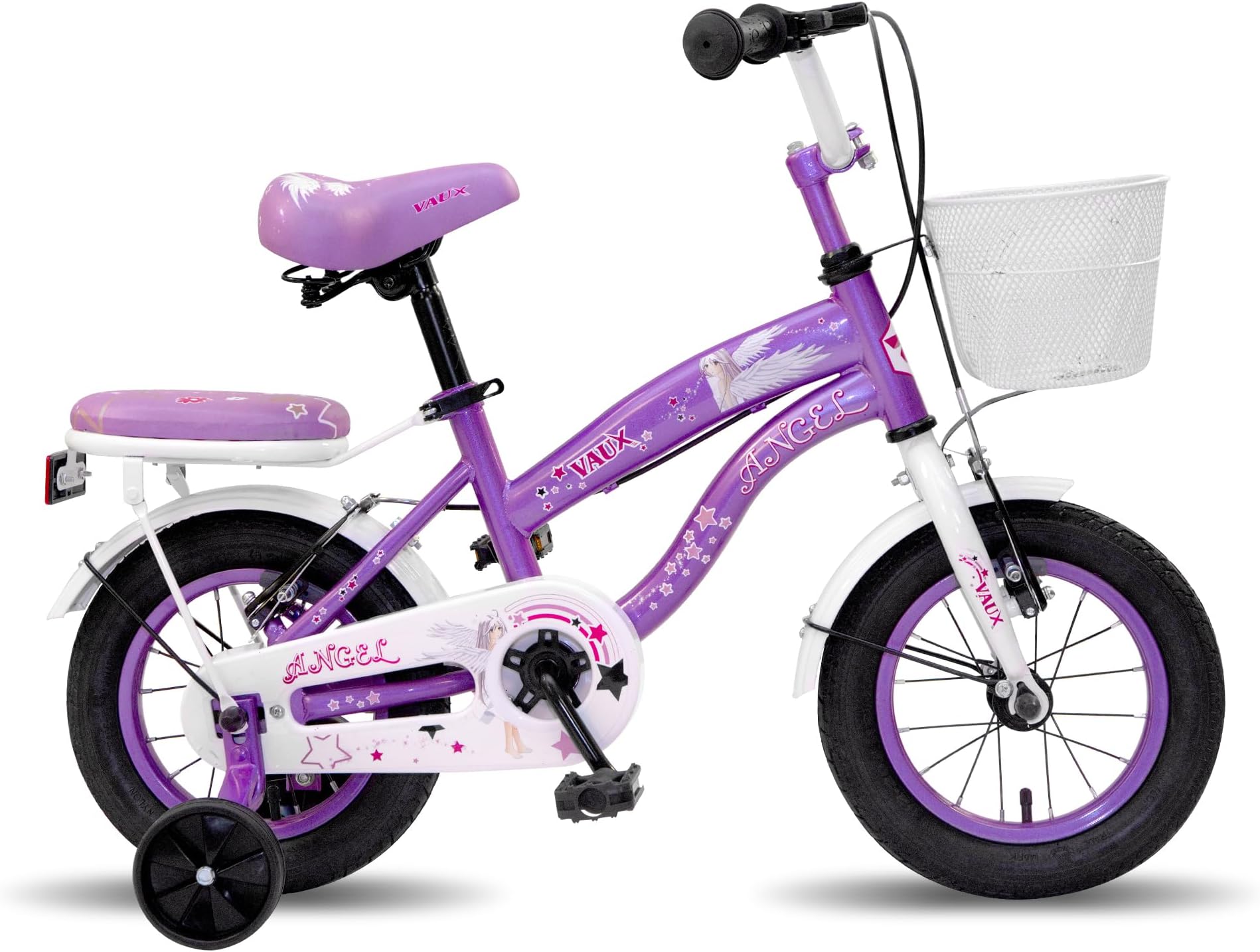 Vaux Angel Cycle for Girls 12T with Age 2 to 4 Years with Support Wheels, Basket,Backseat, 95% Assembled, Ideal Height:2ft to 3ft (Purple)
