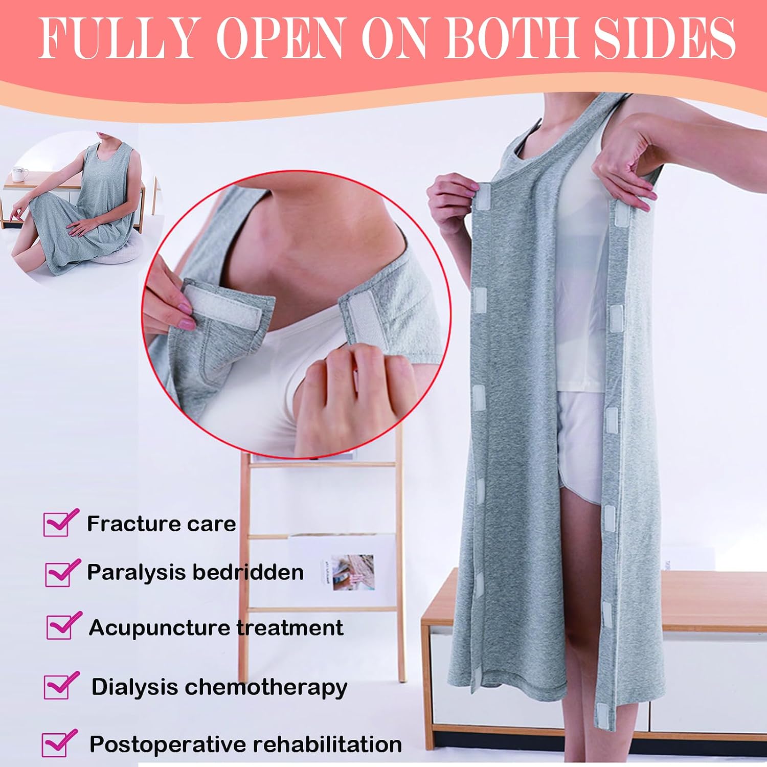 Post Shoulder Surgery Shirts for Women Tear Away Snap Easy to Put on and Take Off Mastectomy Chemo Port Access Tank Tops (Long Style,Gray XXL)