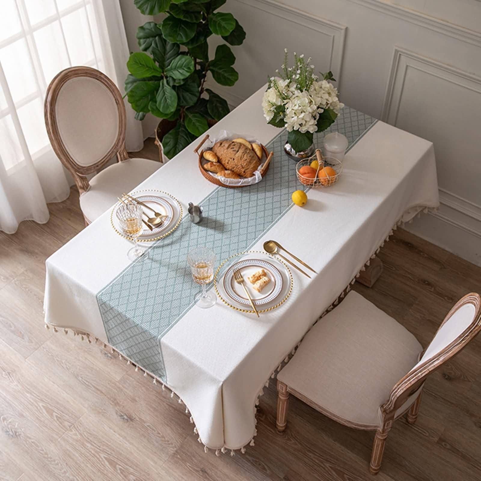 Mantel Moderno Rectangular Blanco, Patrón de Rombos con Borlas, de Poliéster y Algodón Suave, 140 x 220 cm, Mantel para Mesa de Centro