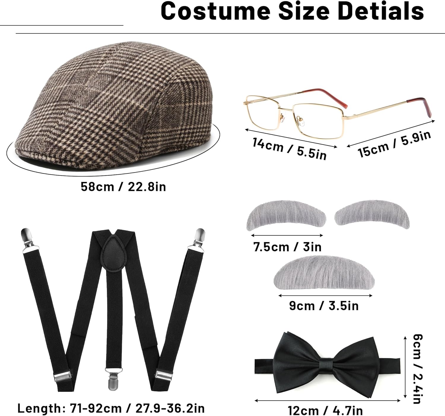 FEYIR Old Man Costume Accessories Set Old Man Wig Hat Cane Faux Eyebrows Mustache Suspenders Bow Tie for Grandpa Halloween Cosplay - Image 7