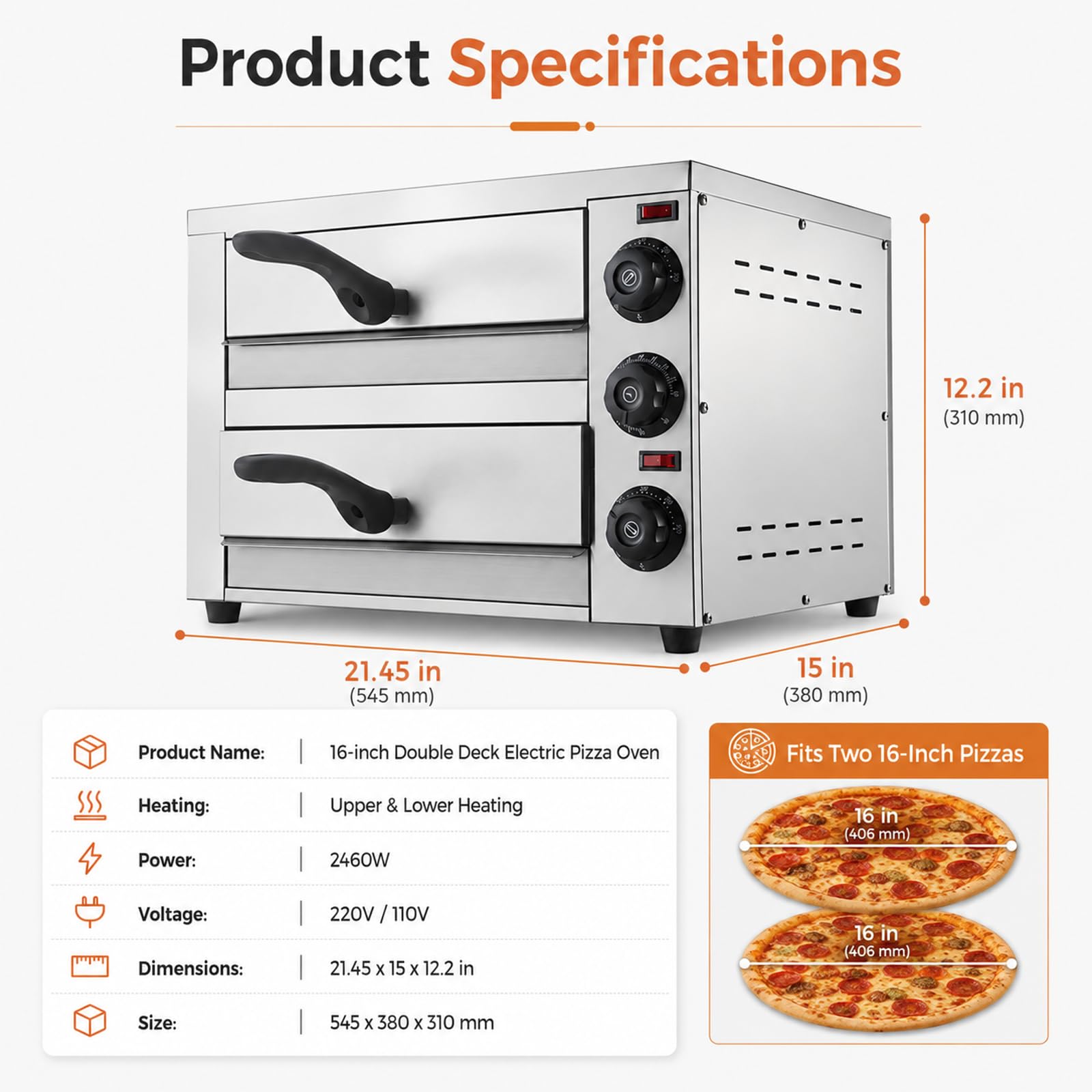 Komercyjny elektryczny piekarnik do pizzy – 16-calowy piekarnik na blat | Moc 2460W, szybkie nagrzewanie, 2 niezależne regulatory temperatury, wszechstronne pieczenie, solidna stal nierdzewna
