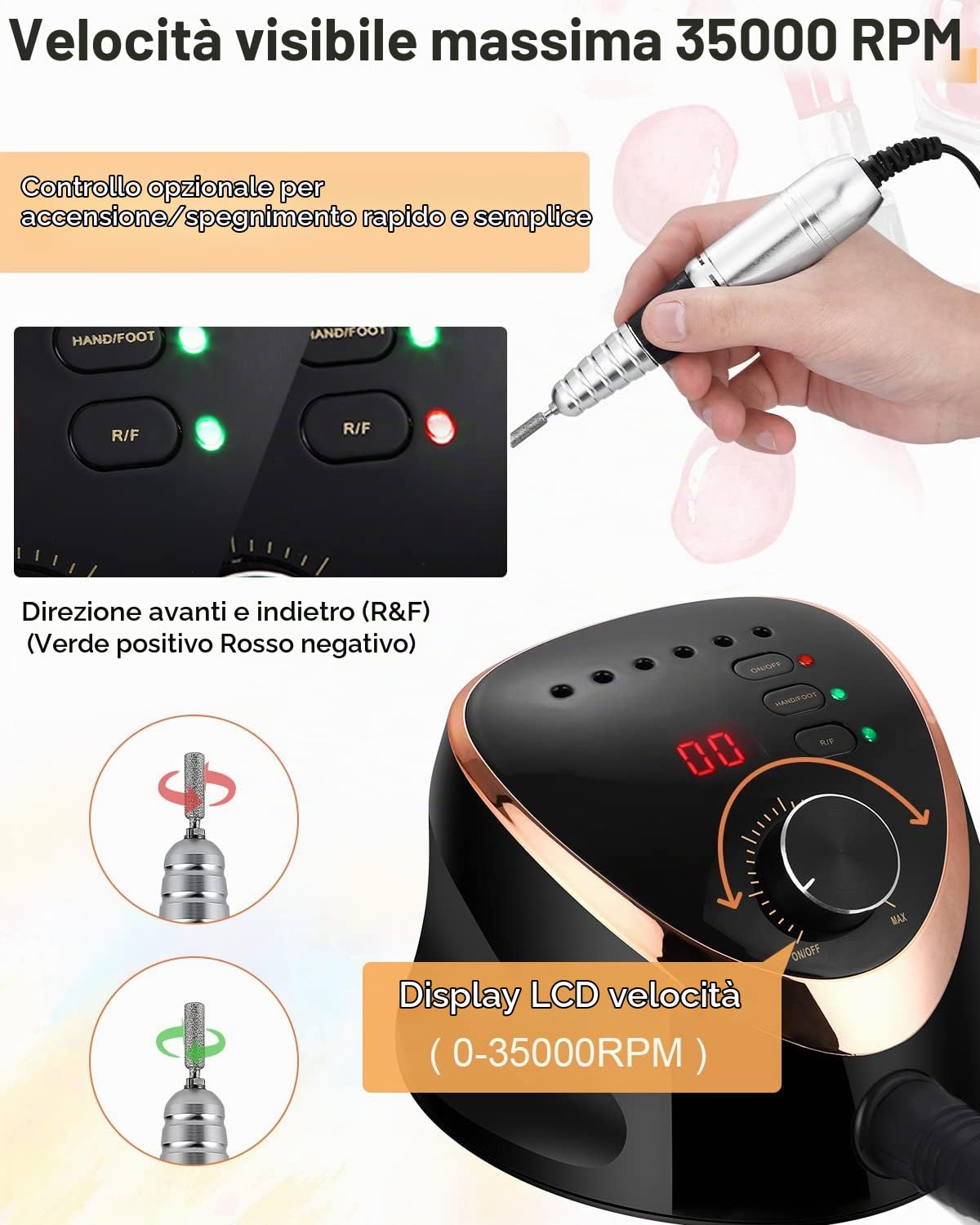 Fresa per Unghie Professionale 35000 Giri Trapano per Unghie Regolabile La Rettificatrice con Modalità Pedale,Display LED Elettrico di Chiodo Strumenti Fresa per unghie acriliche gel Pedicure Nero | Fresa per unghie con indicatore LED, pedale, velocità re