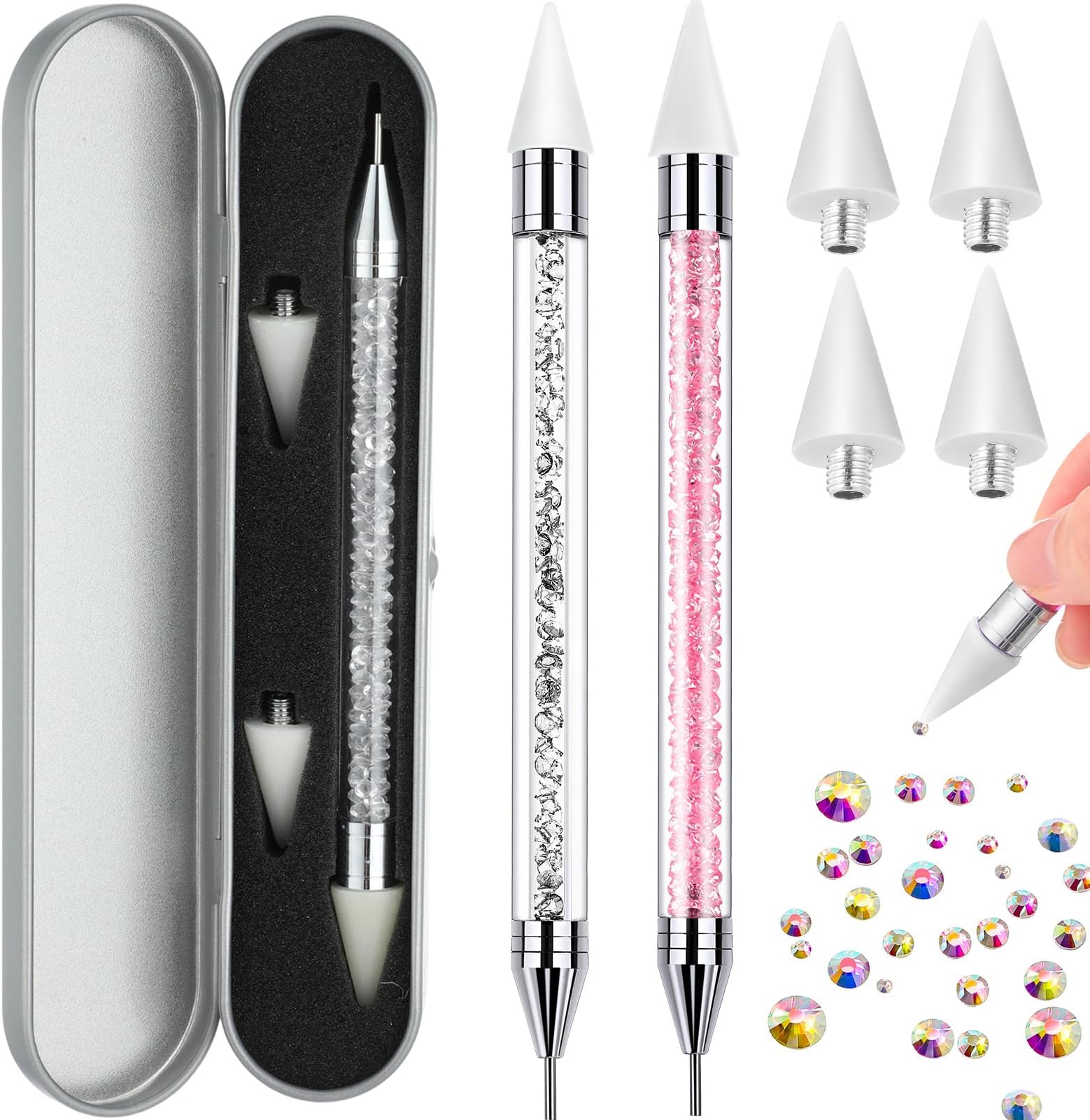Tatuo 2 Pieces Rhinestone Picker Dotting Pen, Dual-ended Rhinestone Gems Crystals Studs Picker Wax Pencil Pen Crystal Beads Handle Manicure Nail Art DIY Decoration Tool (Pink, White)