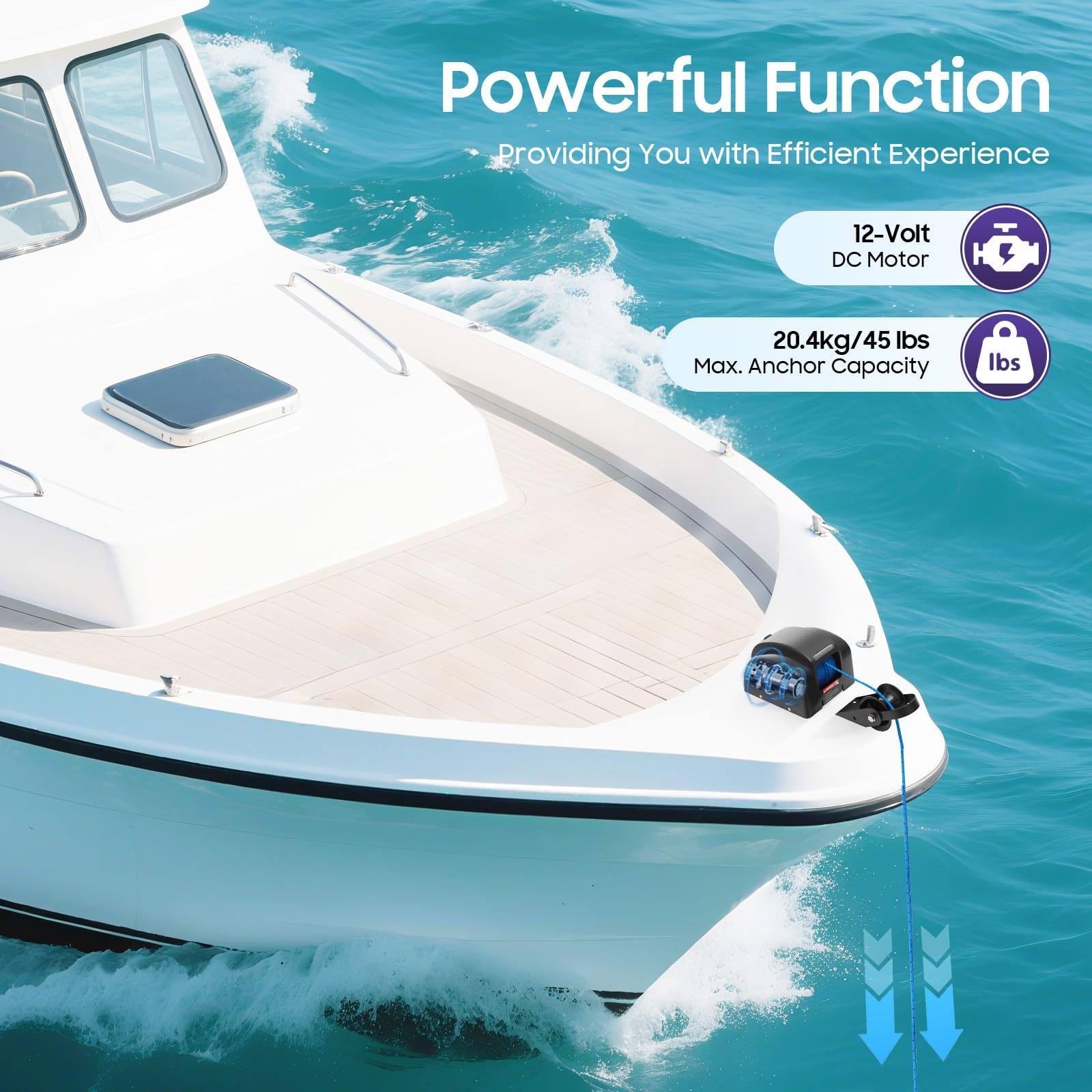 Kit verricello elettrico per barca e salpa ancora con telecomando wireless, portata 21 kg e corda da 31 m, ideale per piccole barche e gommoni