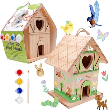 goldentime DIY Wooden Birdhouse Painting Kit, Unfinished Bird House to Paint Set,Wood Arts and Crafts for Children Includes Paints & Brushes