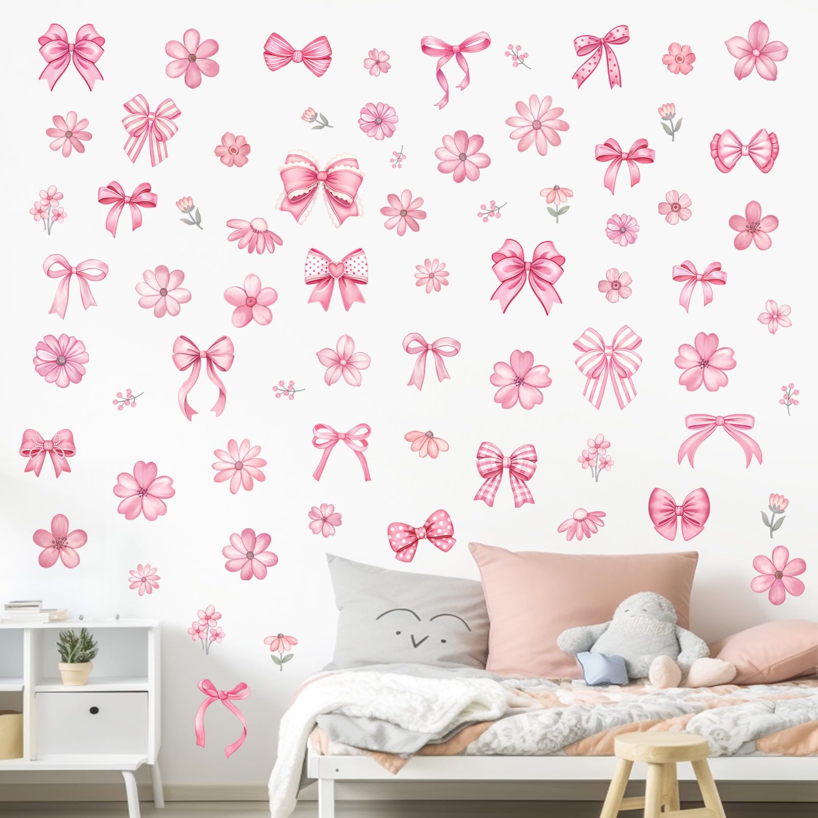 decalmile Pink Flower Bow Wall Stickers Watercolor Bow Knot Wall Decals Baby Nursery Bedroom Girls Room Wall Decor