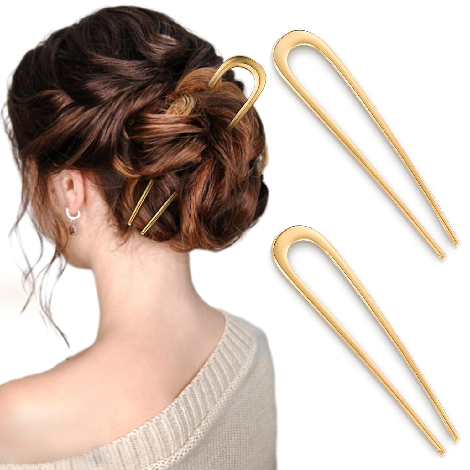 Glamifirsto 2Pcs French Pins Hair for Coiffure, Metal U-Shaped Hair Clip for Long Thick Hair, Vintage French Twist Hair Pin for Women Girls (Gold)