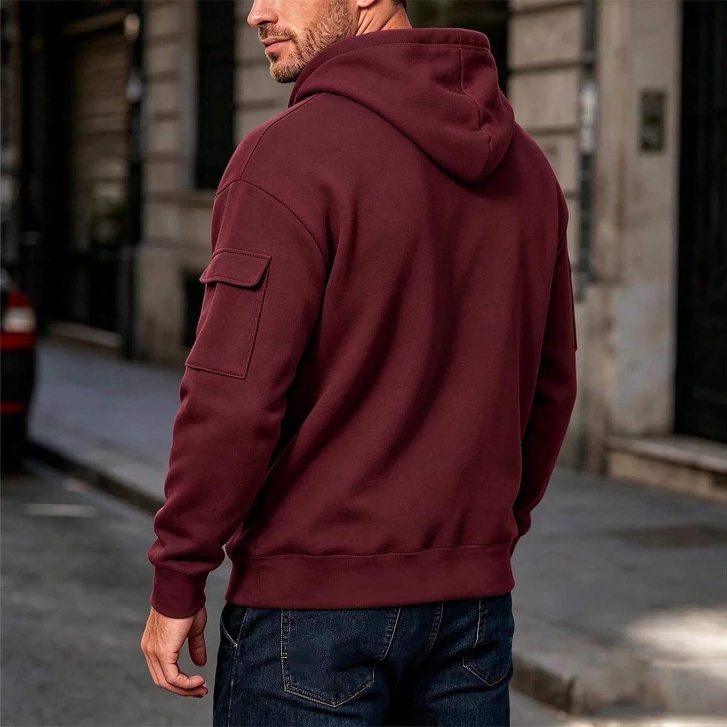 Mens Zip Up Hooded Jacket Full Zip Drawcord Long Sleeve Casual Coat