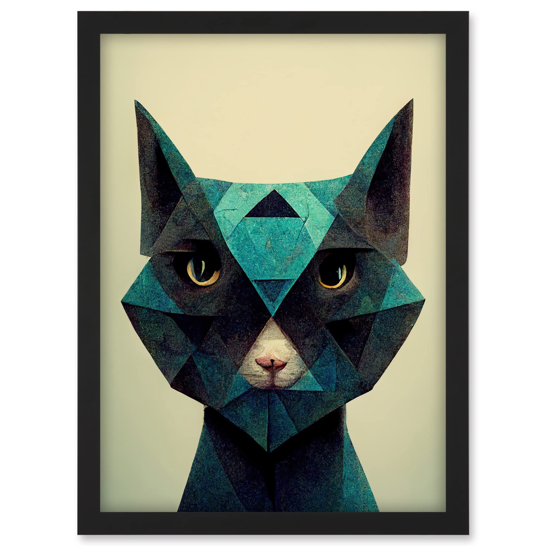 Doppelganger33 LTD Fun Geometric Teal Cat Artwork Framed A3 Wall Art Print