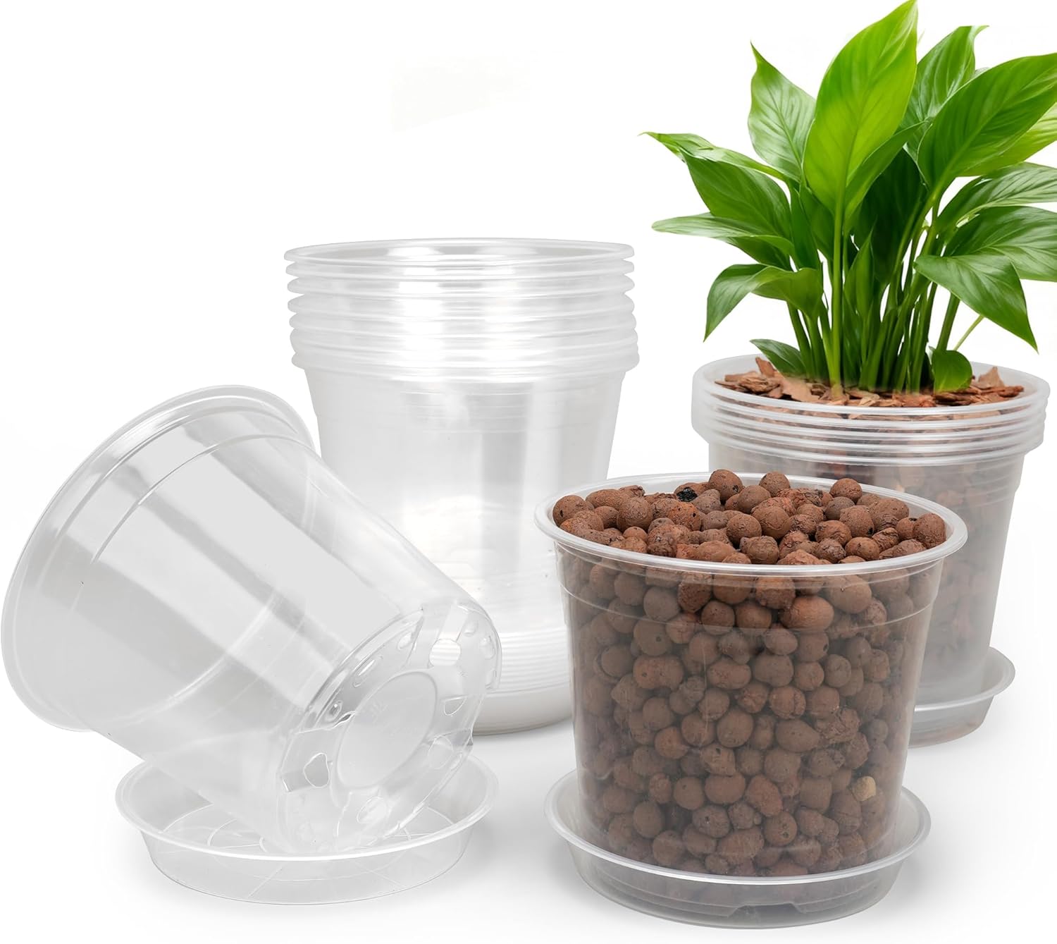RAOOKIF 10/8/6/5 Inch Clear Nursery Pots with Drainage Hole and Saucers, 12 Pack Large Nursery Pots for Plants for Indoor Outdoor, Plastic Clear Plant Pots for Flowers, Succulents, Vegetables
