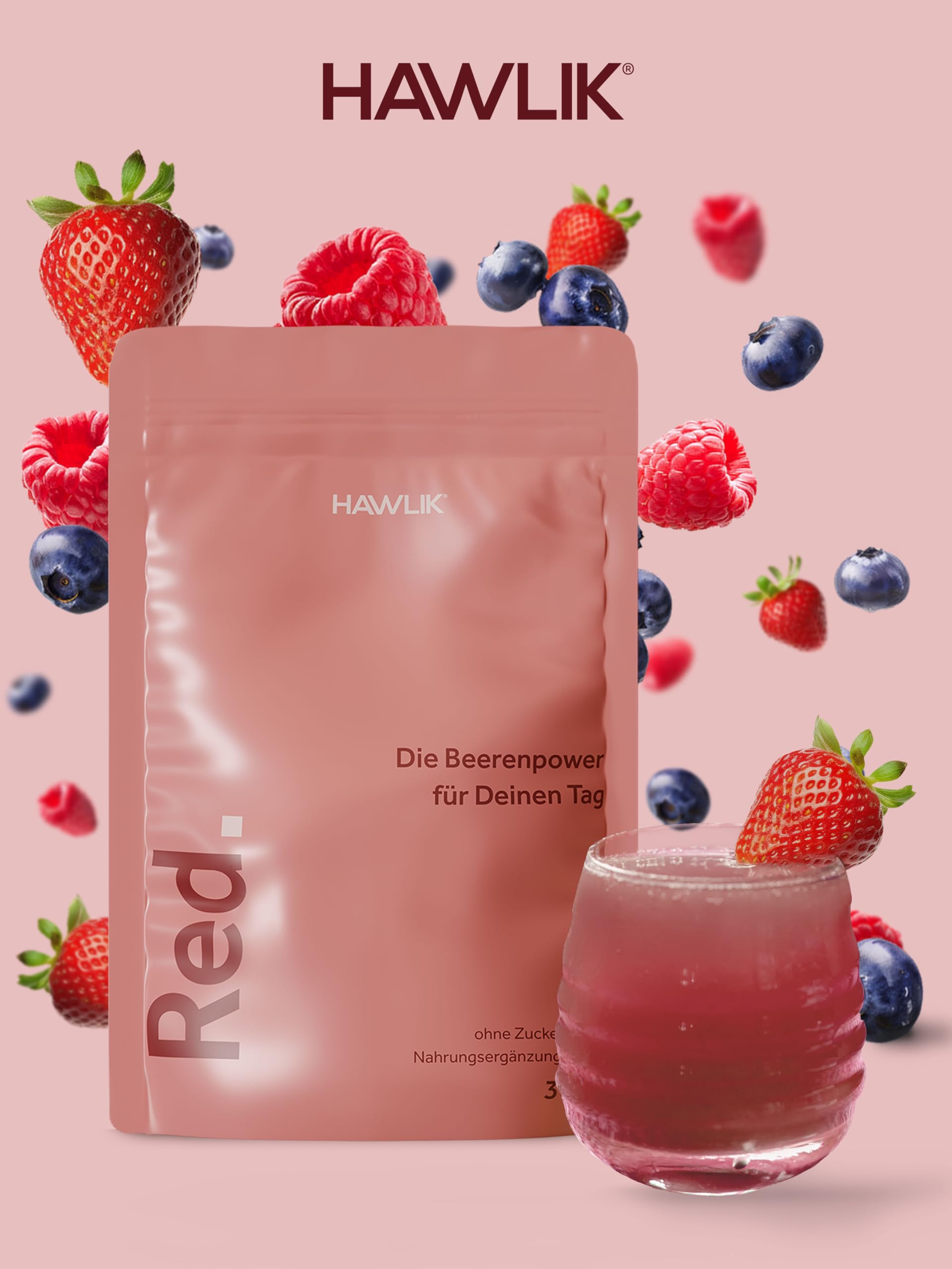 HAWLIK Red. – Beerenpower-Drink mit Vitalpilzen & Ballaststoffen – 39 Nährstoffe – vegan, ohne Zuckerzusatz, laktosefrei – 300g Pulver