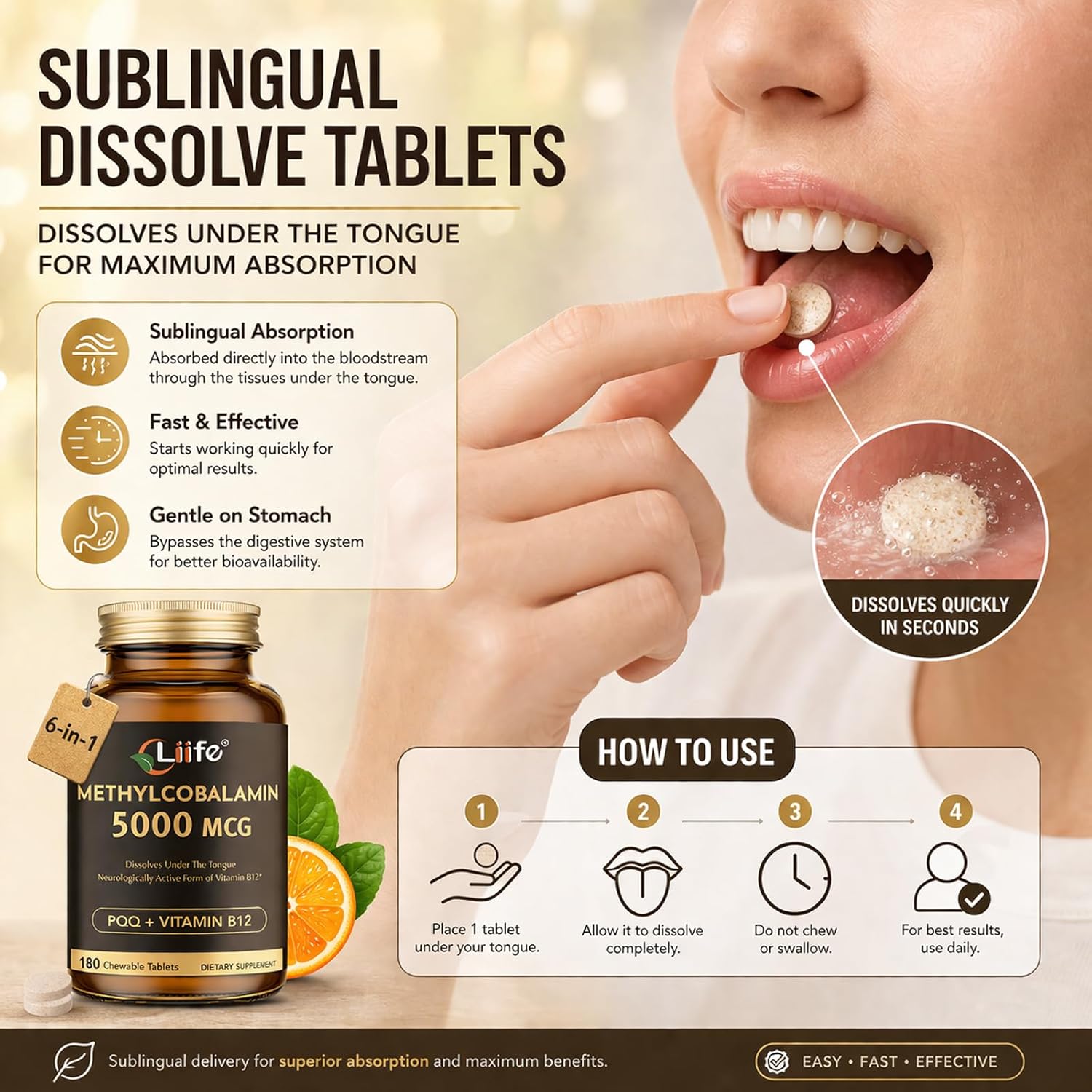 LIIFE Vitamin B12 (Methylcobalamin)+ PQQ 5000 mcg | 180 Chewable Tablets | Supports General Energy, Brain & Nervous System Health | Gluten Free | 1 Capsule per Serving*