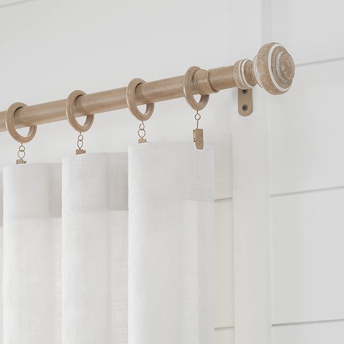 MODE Farmhouse Collection 1 1/8" Diameter Curtain Rod Set with Porch Doorknob Curtain Rod Finials and Steel Wall Mounted Adjustable Curtain Rod, Fits 72” to 144” Windows, Weathered Oak