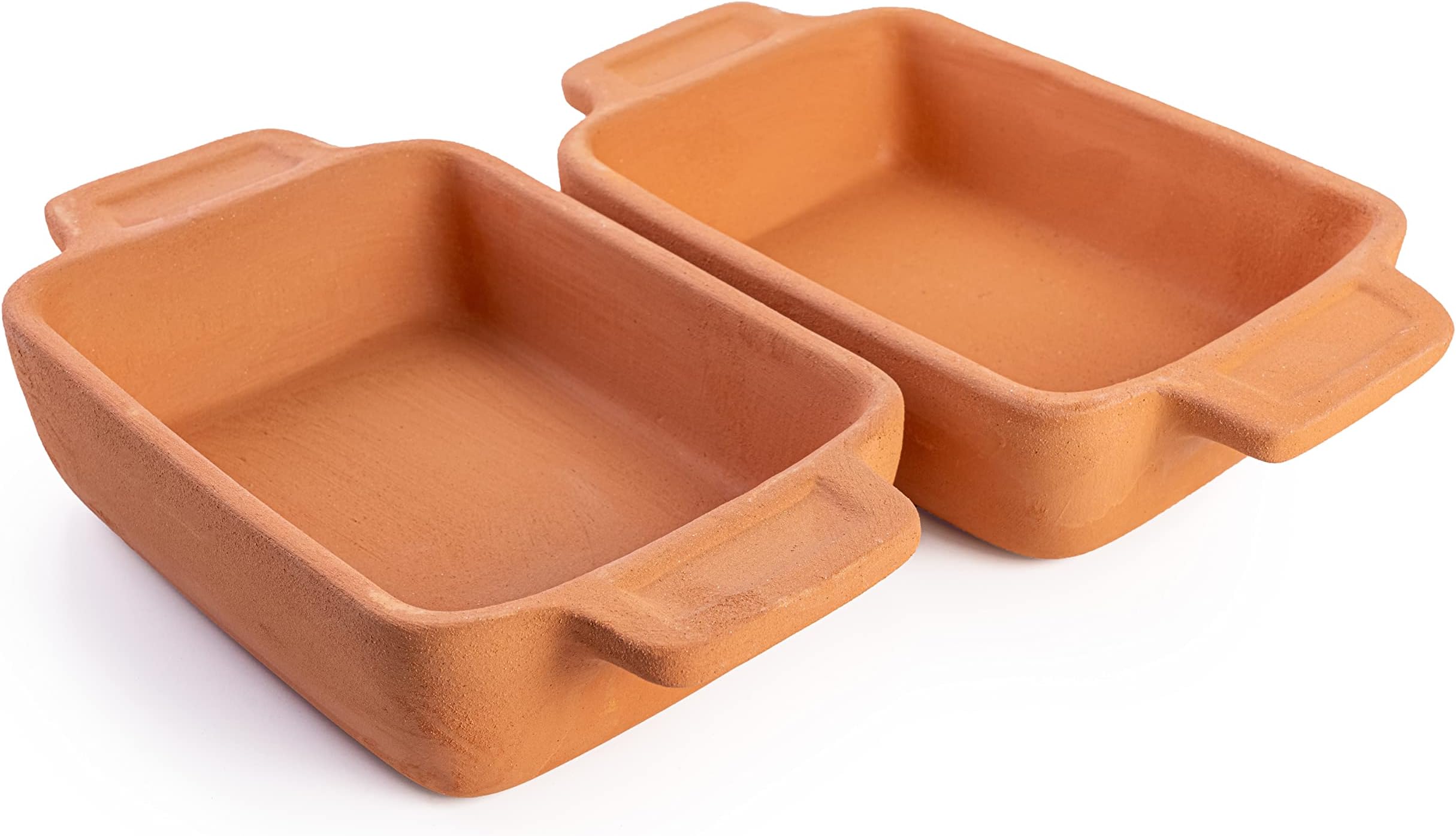 LUKSYOL Handmade Terracotta Rectangular Oven Tray Set of 2 - Mexican and Indian Cooking Pans, Unglazed Clay Roasting Pot with Handles (8.7x4.3x1.8 inches) - Authentic Culinary Delights for Home Chefs