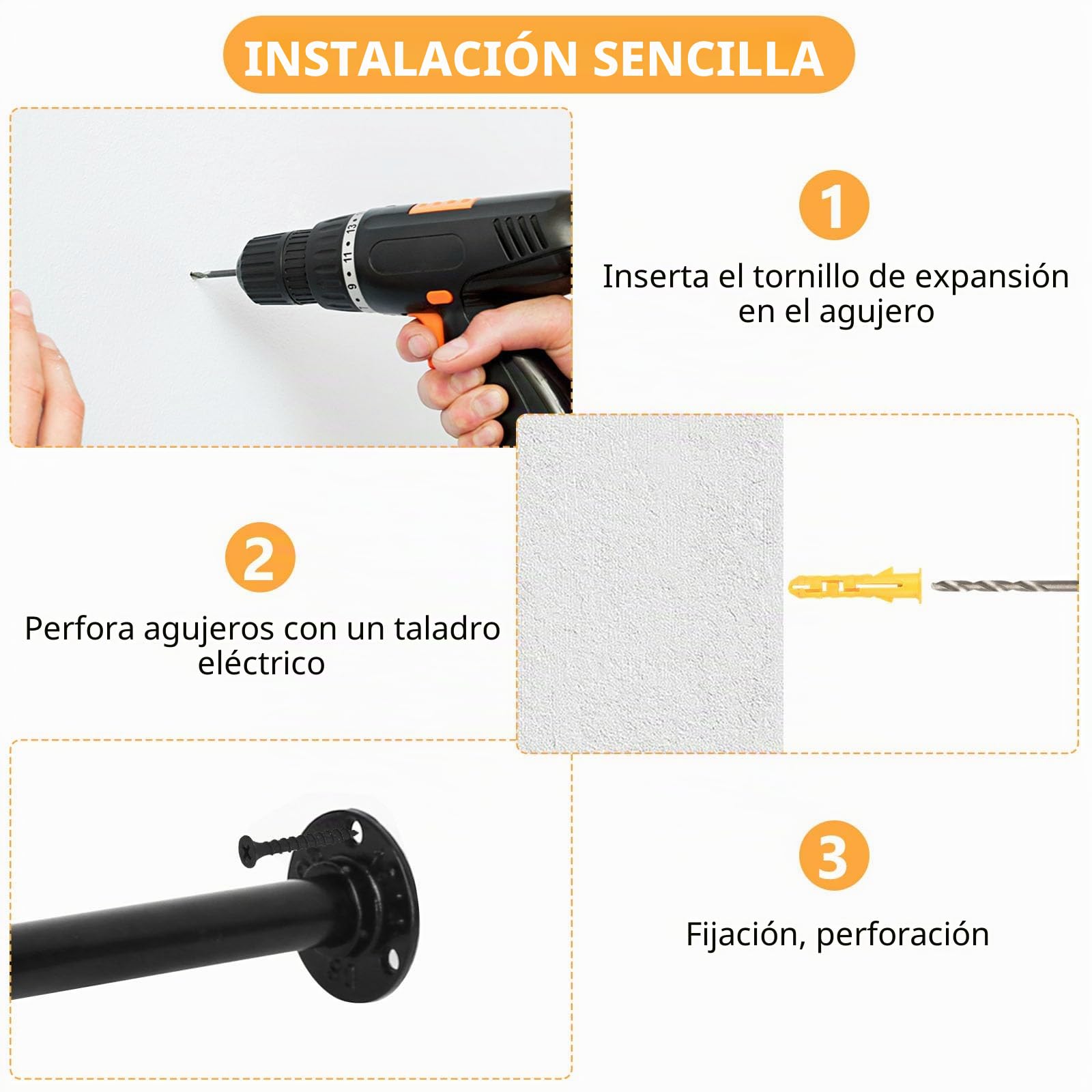 Perchero de Pared Industrial, 88 cm Barra para Colgar Ropa, Barra de Ropa para Colgar en Pared, Riel de Ropas en Pareds, Barras de Suspensión para Sala de Estar Gabinete Dormitorios + 2 Perchas