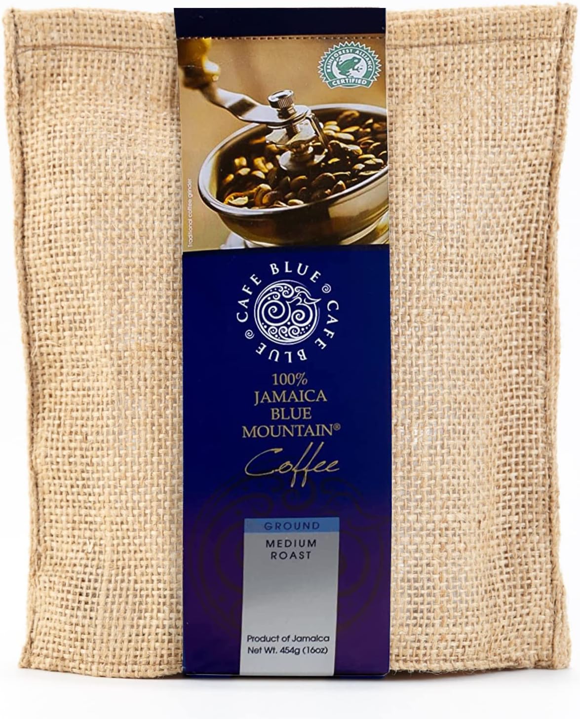 Cafe Blue 100% Jamaican Blue Mountain Ground Coffee - JACRA-Certified Medium Roast with Low Acidity - Smooth Chocolate Notes and No Bitter Aftertaste - 16oz