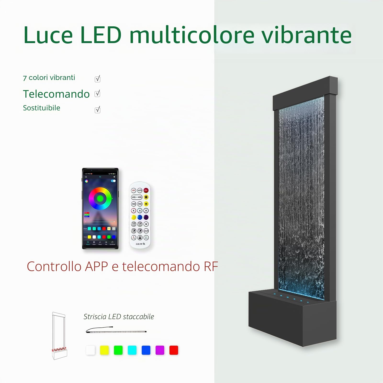 LONGRUN Fontana a cascata a specchio da interno con luce a LED controllata app, pavimento da giardino esterno in piedi, da 48 "Acqua di arredamento per la casa Caratteristica -Nero