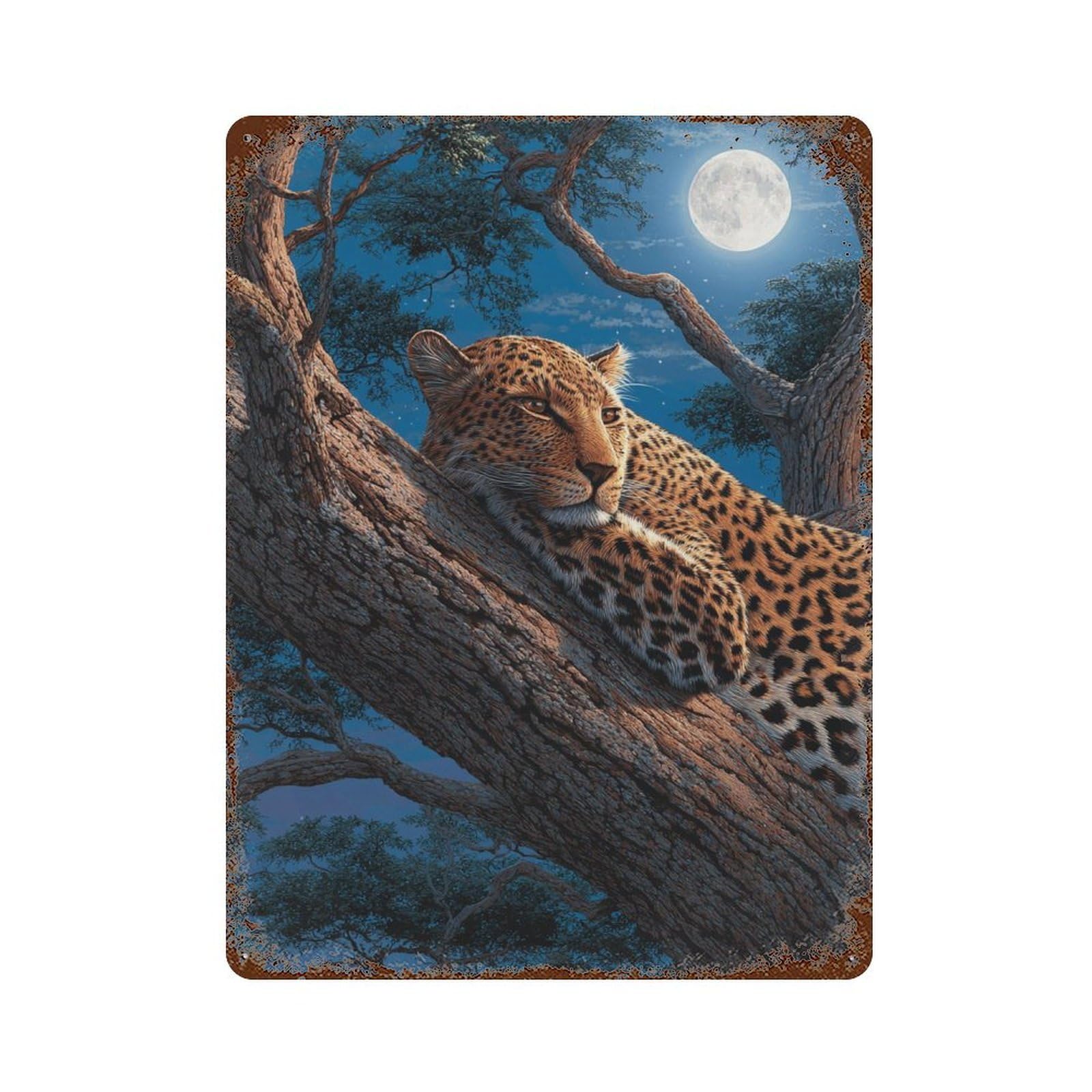 Rusty Metal Tin Sign with Leopard Moonlit Tree Rest Design 15.7"x11.8", for Shed, Workshop And Garage Wall Decor, Classic Wall Plaque