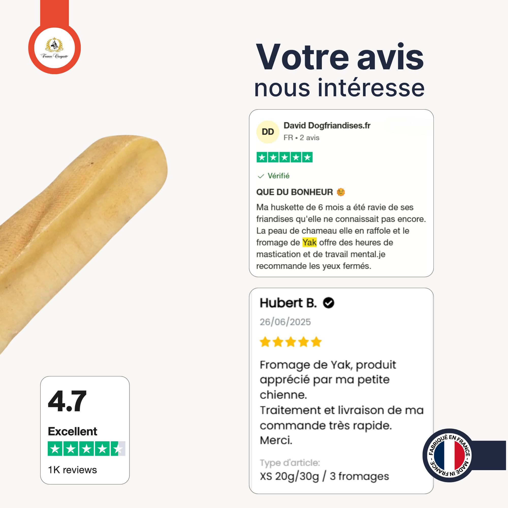 Fromage de Yak M 60g-90g pour Chien Moins de 20kg – friandise 100% Naturelle à mâcher – fabriqué au népal – Riche en protéines – hygiène bucco-Dentaire – Longue durée – france croquettes