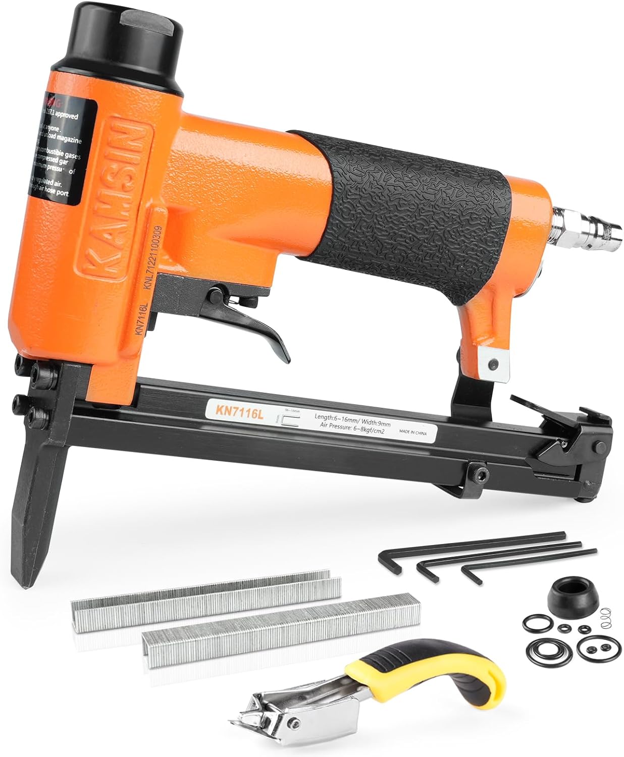 KN7116L 22 Gauge Pneumatic Upholstery Stapler, 3/8-inch Crown Fine Wire Stapler, 1/4-inch to 5/8-inch Length Long Nose Upholstery Staple Gun for Furniture, Upholstering