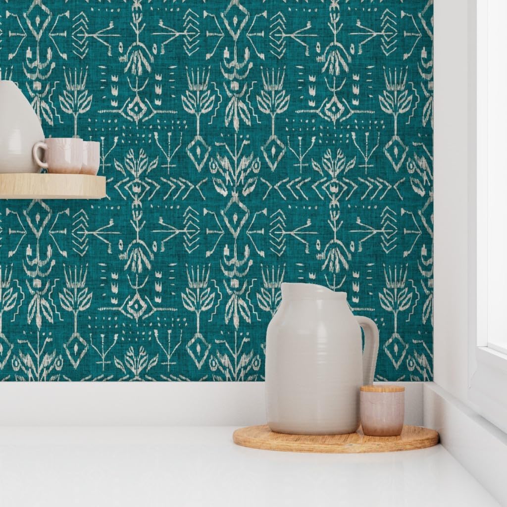 Peel & Stick Wallpaper 3ft x 2ft - Ikat Teal Green Geometric Aqua Geo Tribal Mud Cloth Custom Removable Wallpaper by Spoonflower