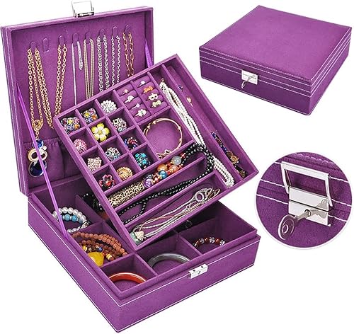 QBeel - Joyero para mujer, doble capa, 36 compartimentos, organizador de joyas con cerradura para aretes, pulseras, anillos, color morado