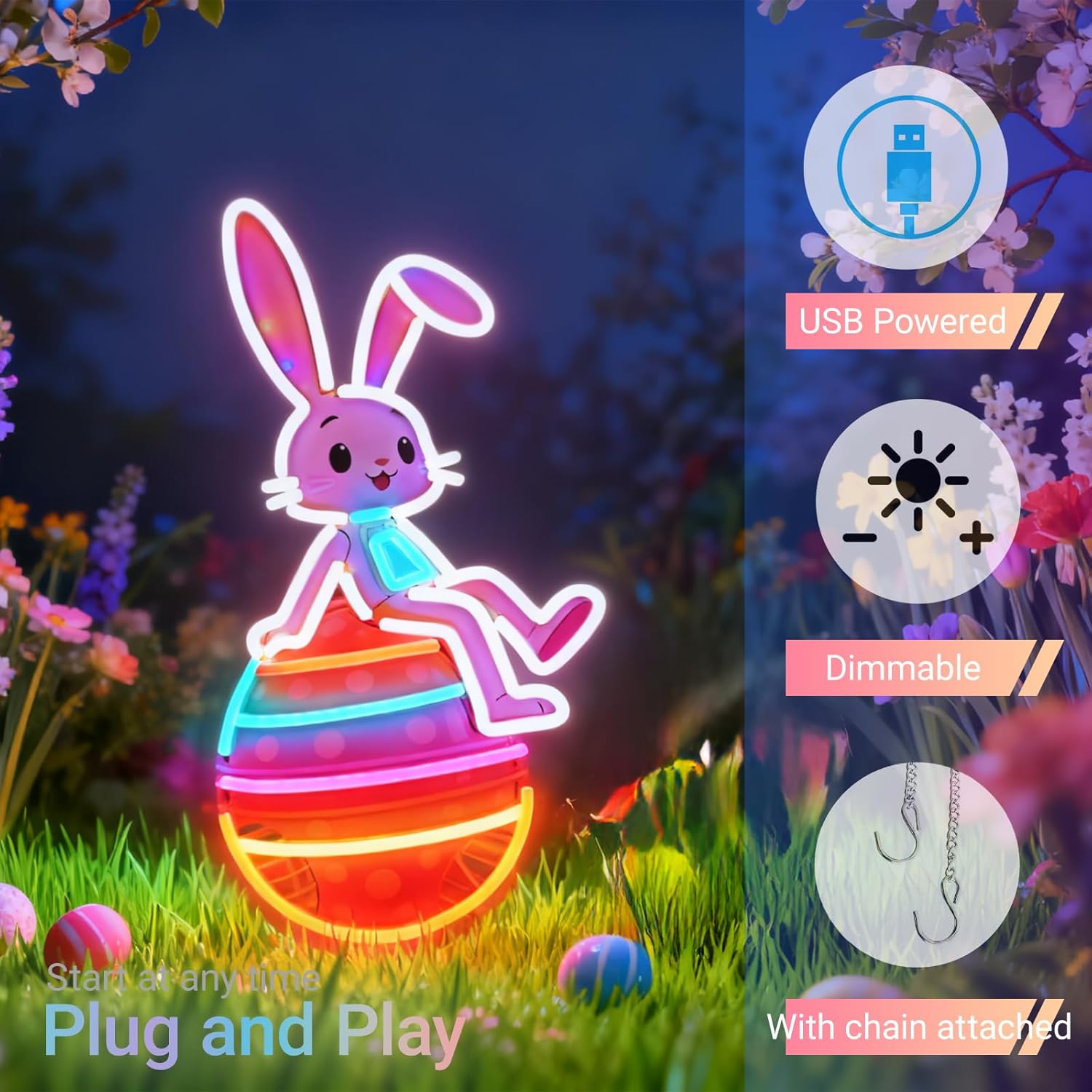 Easter Egg Neon Sign with Bunny - 17.3"x9.4" Easter Decorations LED Neon Light for Wall, USB Powered with 5-Level Dimmer, Spring Rabbit Holiday Decor for Home, Party, Kids Room