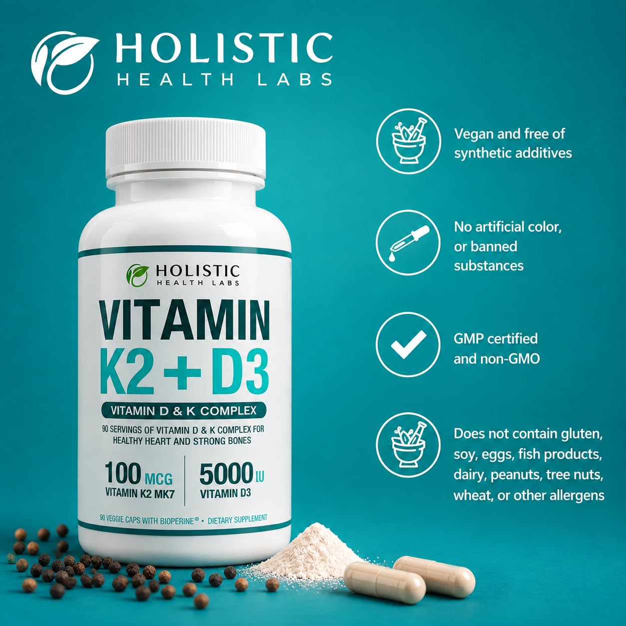 Max Absorption Vitamin K2 + D3 (5000IU) 90 Veggie Capsules From MK-7 (Menaquinone-7) and Cholecalciferol (With BioPerine) 3-Months Supply – D3 with K2 For Healthy Heart and Strong Bones | Non-GMO — Amazon image 3