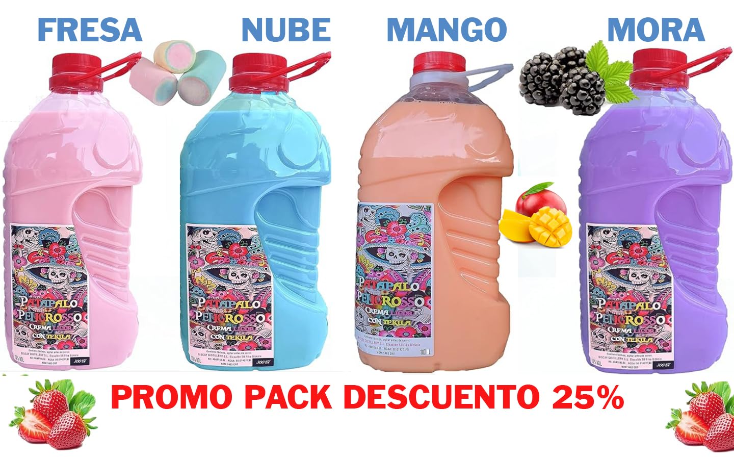 PACK AHORRO 4 UNIDADES 3LITROS CREMA CON TEQUILA FRESA, NUBE, MORA Y MANGO
