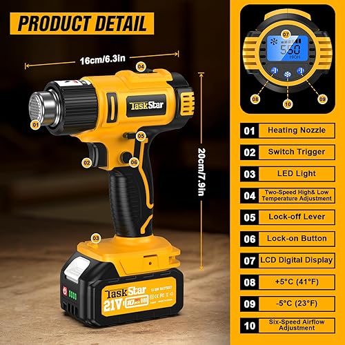 Miniatura 7 de TaskStar Heat Gun with Two 4.0Ah Battery,21V Cordless Heat Gun 122-1022 Fast Heating Soldering,Hot Air Gun Kit with LCD Digital,6 Nozzle, Led