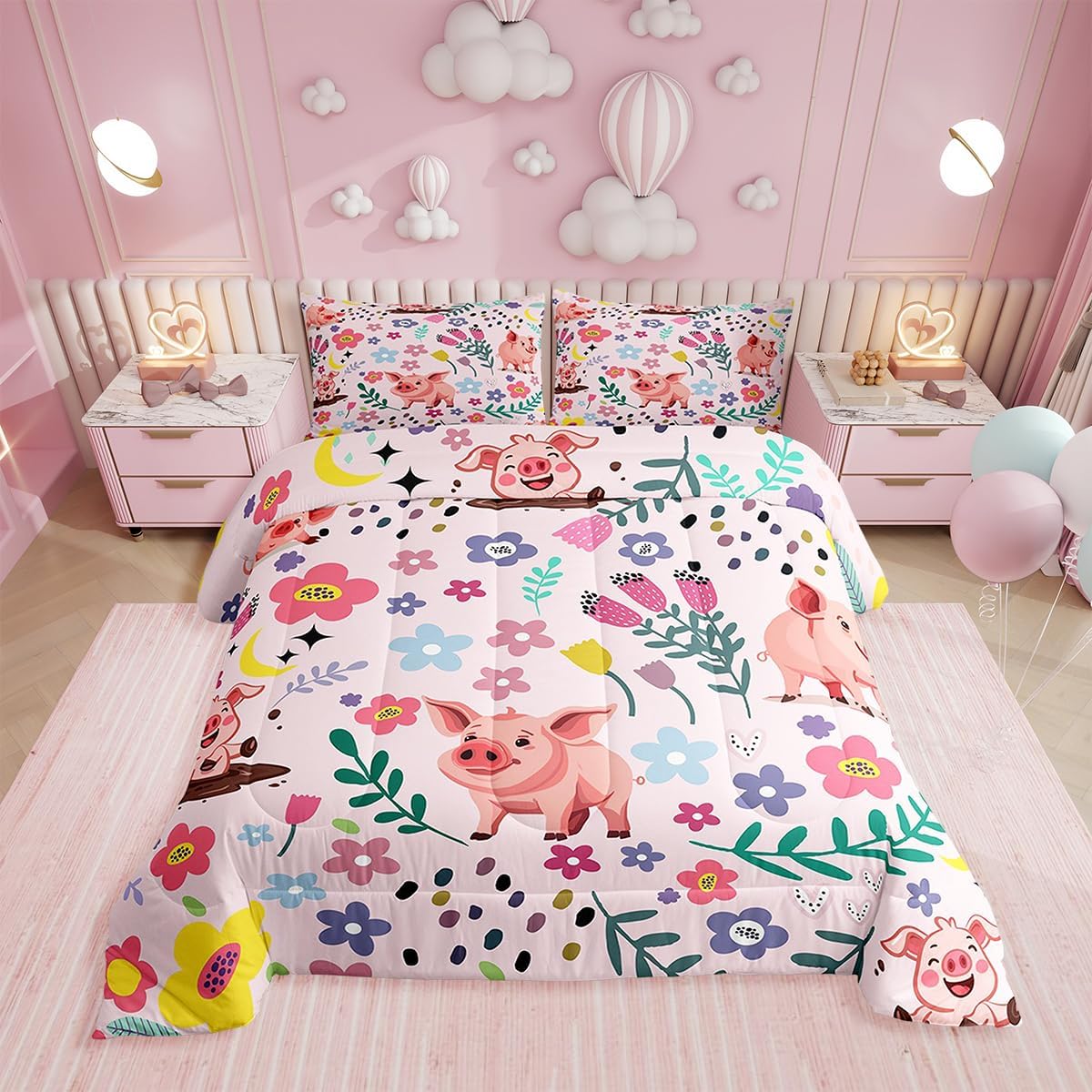 Erosebridal Floral Dog Comforter for Boys Girls Queen Pink Dog Bedding Set Cartoon Animal Comforter Sets,Cute Botanical Golden Retriever Puppy Bed Sets with 2 Pillowcases Soft