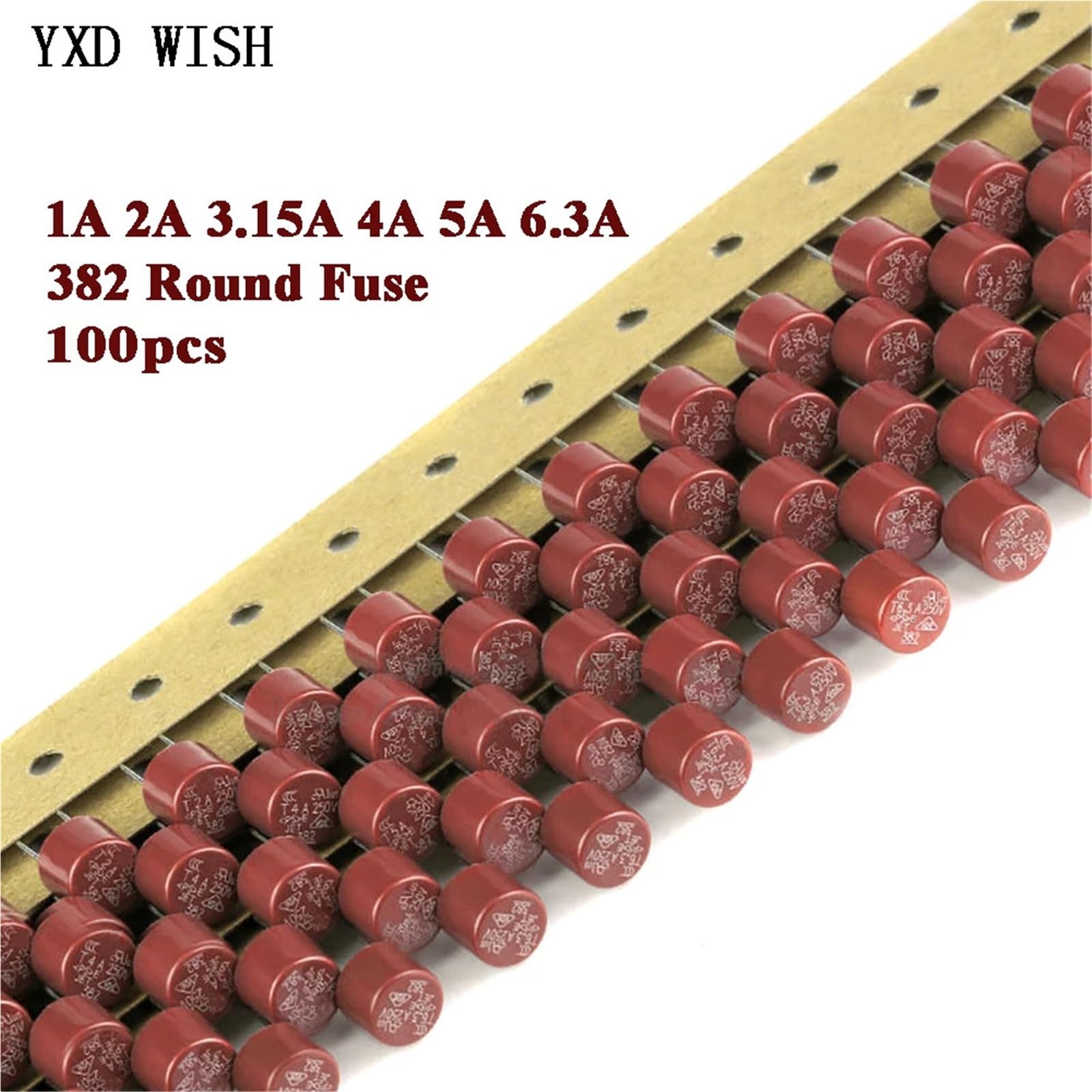 100 pezzi 382 Fusibili rotondi a fusione lenta 1A 2A 3,15A 4A 5A 6,3A 250V 382 Fusibile in plastica T2A for scheda di alimentazione TV LCD 382(T1A)