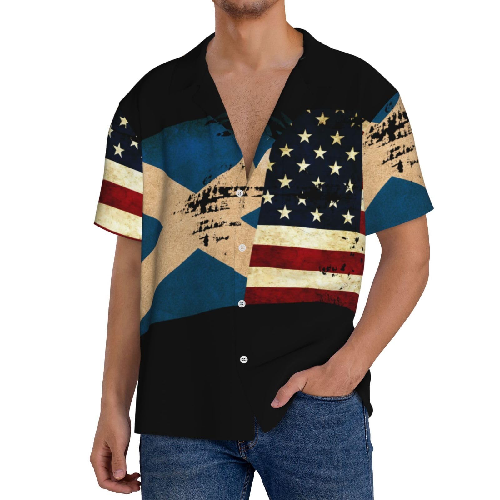 Asbwuo Unisex As Pic Vintage America And Scotland Scottish Flag 1 Men's Casual Soft Short-Sleeved Shirt Cuba Collar Shirts For Men