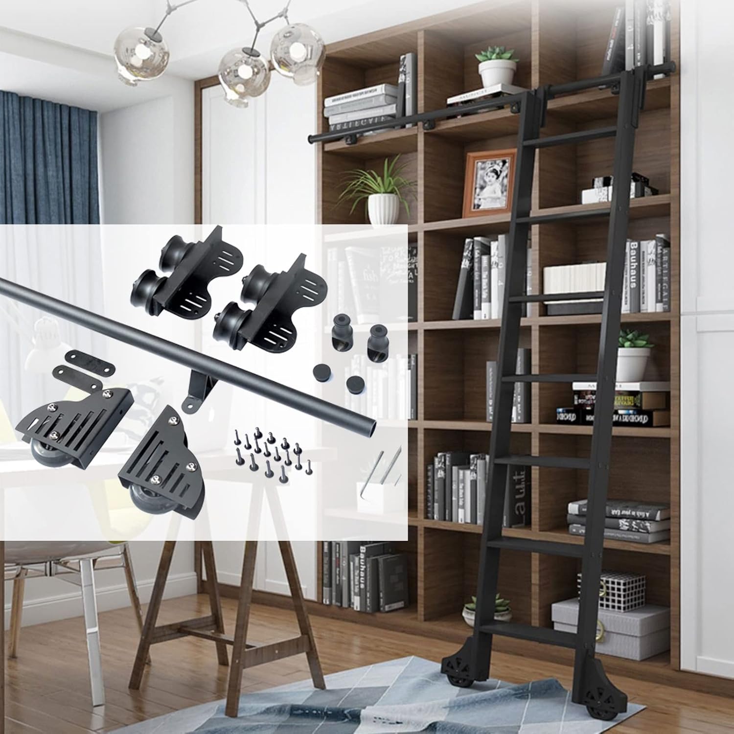 Stand Up Black Rolling Library Hardware, Tensible Sliding Roller(No Ladder) Sliding Ladder Library Full Set Hardware Rolling Track with Floor Roller Wheels (Size : 6.6ft/200cm Track Kit)