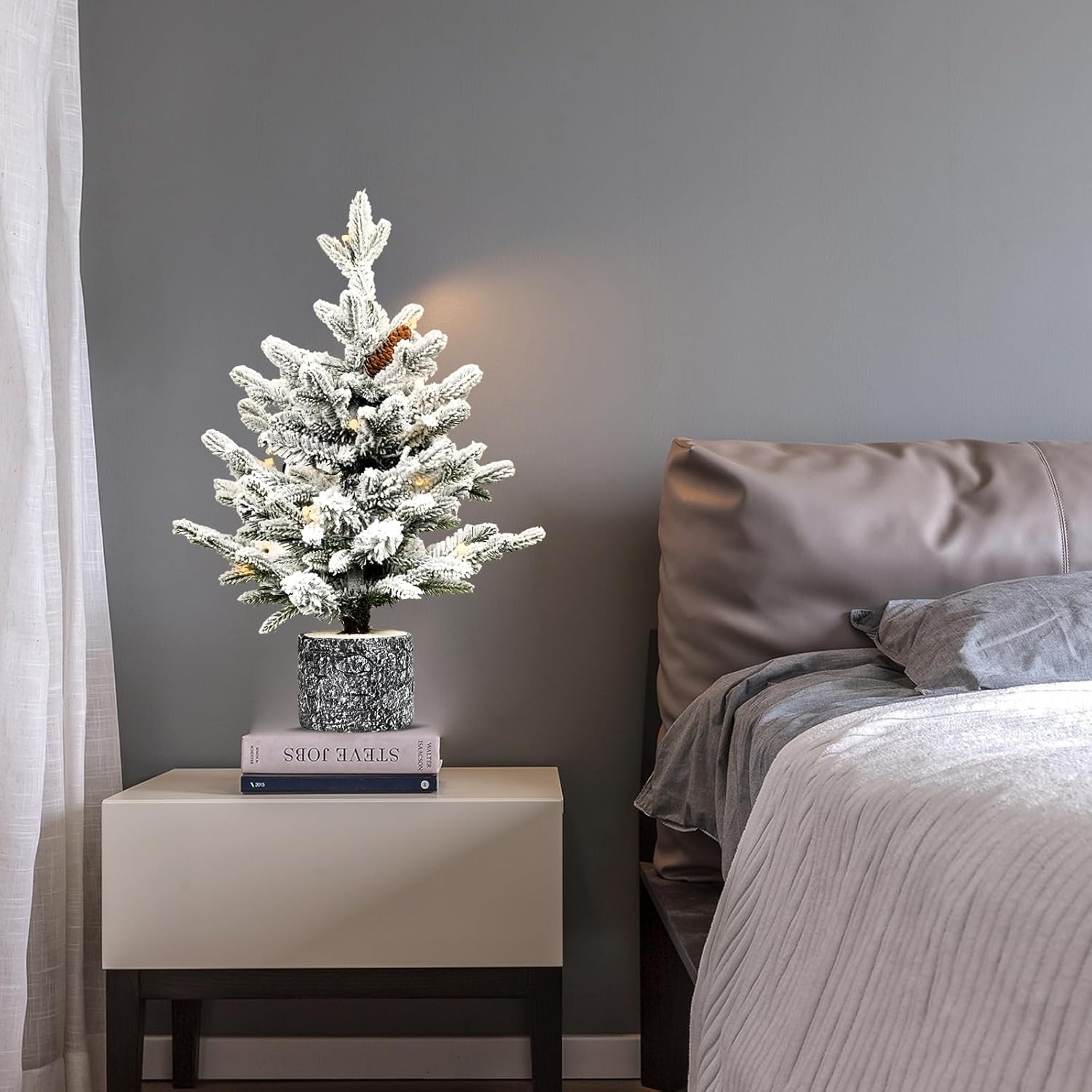 2FT Flocked Christmas Tree with Pot Base – 30 Warm White LED Lights, 189 Tips, PE+PVC Branches with 3 Pine Cones – Small Prelit Holiday Tree for Tabletop, Entryway, or Home Decor