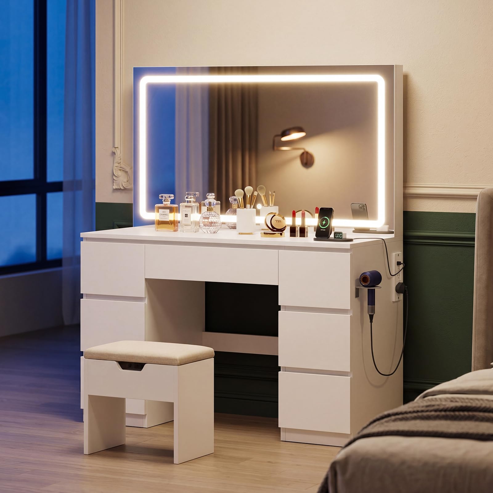 Devoko Schminktisch mit Beleuchtung und Hocker, 115cm Schminktisch mit Spiegel, 7 Schubladen & Steckdose, Moderner Frisiertisch mit LED Licht, Makeup Tisch mit Stuhl, Weiß