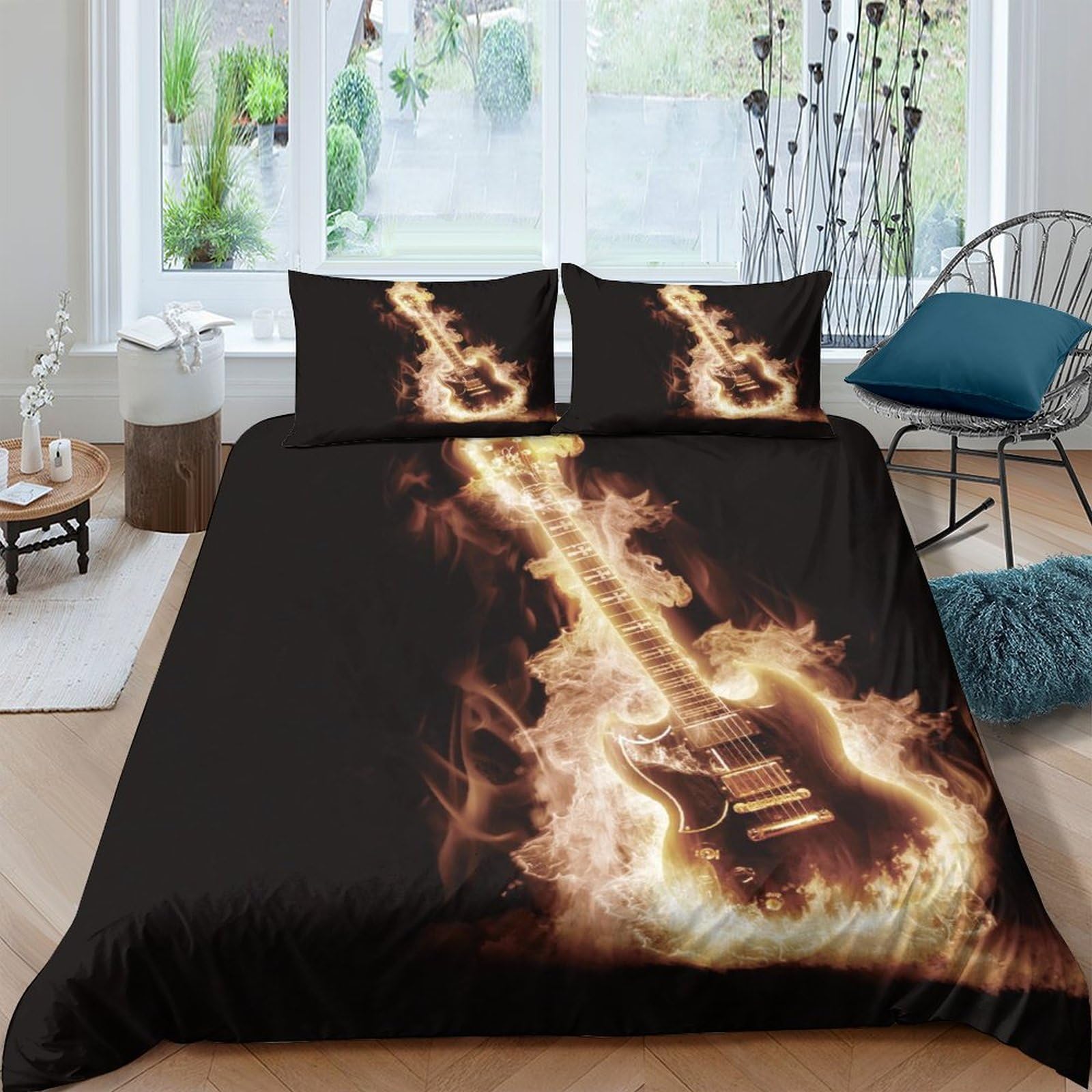 Ctjqhvkz Style-2 3D Printed Flaming Guitar Fitted Sheet Microfiber Soft Black Fire Bed Cover For Bedroom Guest Room Mattress Decor Single（135X200cm）