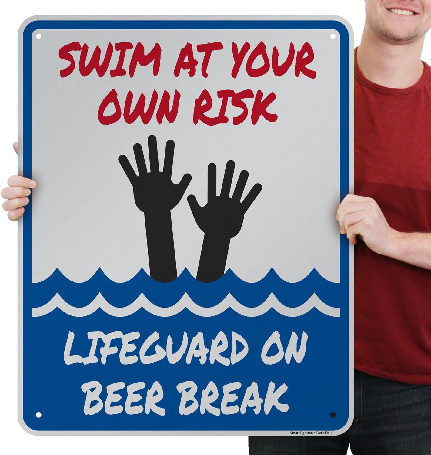 SmartSign 30 x 24 inch “Swim at Your Own Risk, Lifeguard On Beer Break” Funny Pool Metal Sign, Screen Printed, 80 mil Laminated Rustproof Aluminum, Multicolor