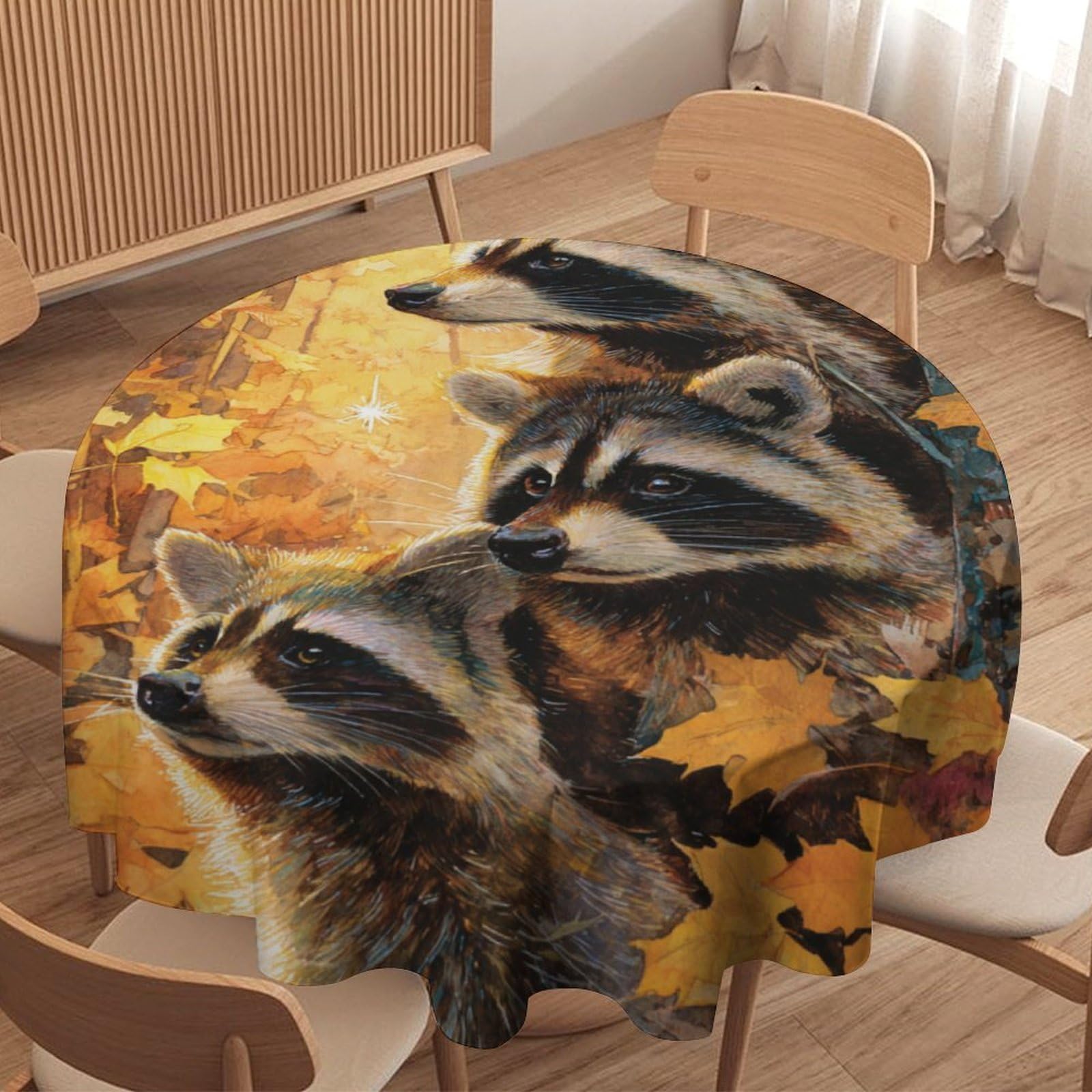 LUYYSKY Classic Rustic Animal Raccoons Round Tablecloth Colorful Funny Autumn Plant Maple Trees Raccoon Print Washable Decor for Table Cover for Kitchen-70 Wx70 L