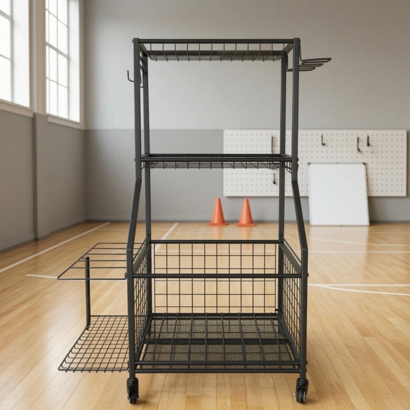 Carrello in Metallo con Ruote Multiuso Carrello Organizer con Ganci Compatto Scaffale per Palestra, Scuola