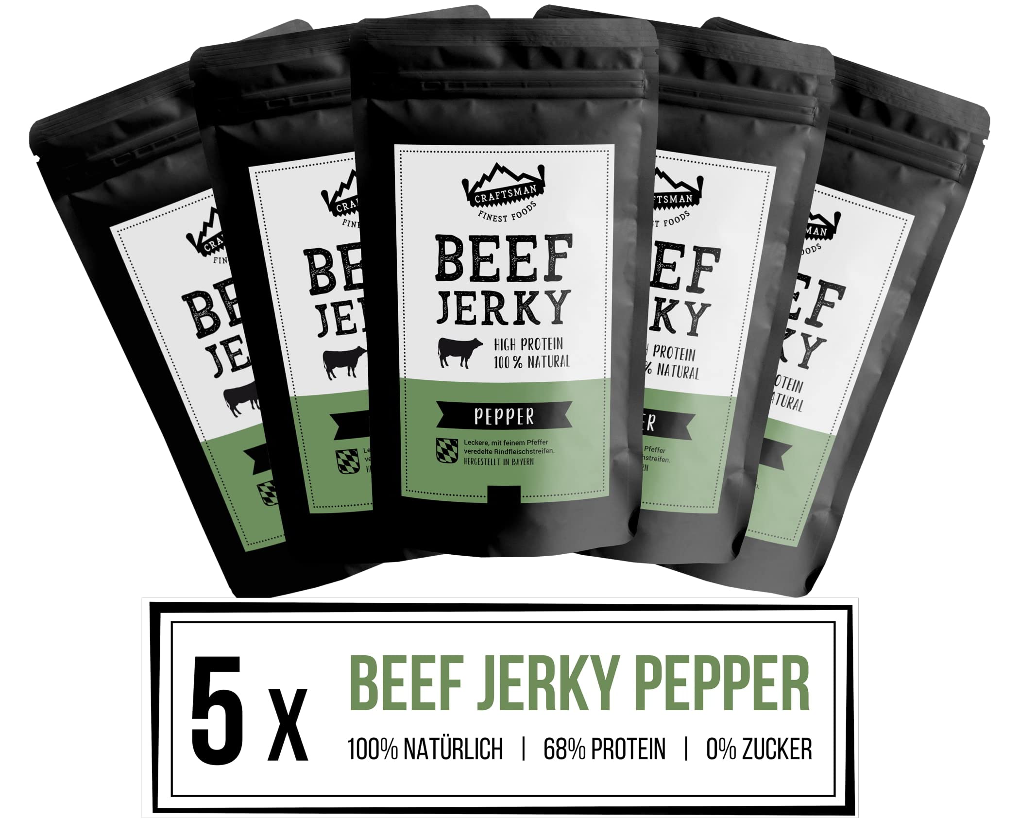 Craftsman Beef Jerky Pepper | Trockenfleisch aus Deutschland - Bayern | Set 5 x 100g = 500g | 100% natürlich ohne Zucker | 100% Rind | High Protein 68% | Dörrfleisch Pfeffer