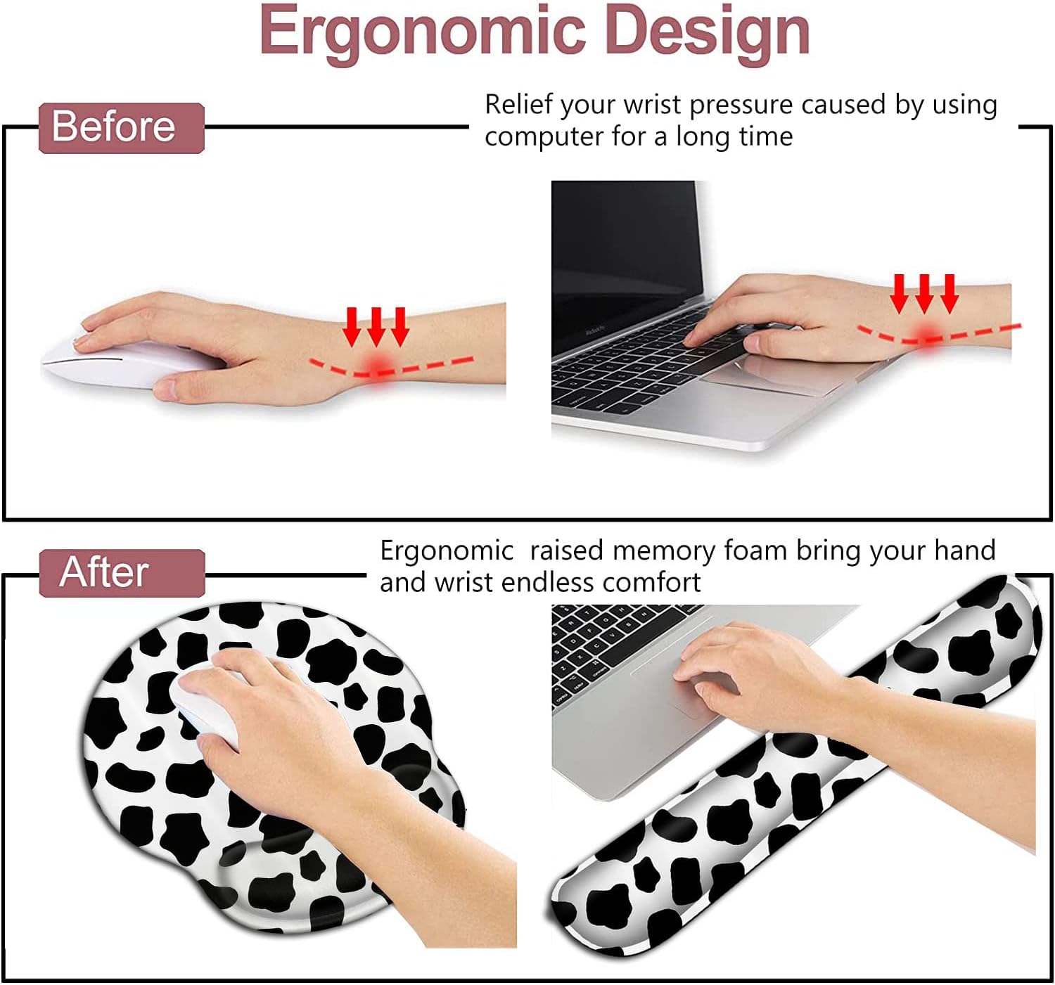 Wireless Mouse Pad with Wrist Support, Ergonomic Gel Mouse Pad, Keyboard Wrist Rest, Soft Memory Foam Keyboard Wrist Pad for Office Typing Desk Pad, Black and White Cow Pattern Animal Gaming Mousepad