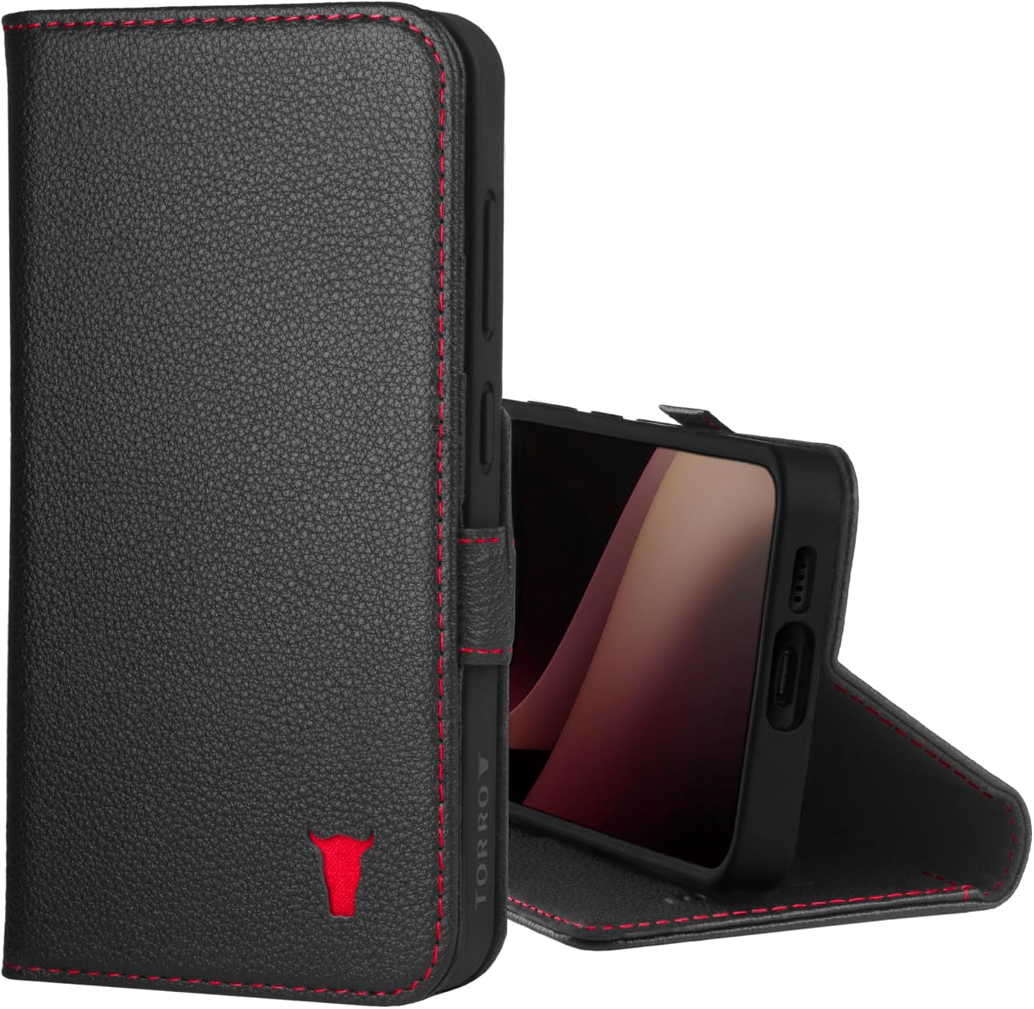 TORRO Case Compatible with Samsung Galaxy S24 5G – Premium Leather Wallet Case with Kickstand and Card Slots (Black with Red Detail)