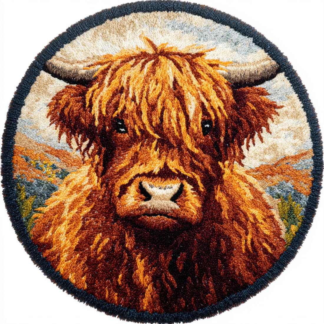 Rqwybcaxn DIY Rug Latch Hook Kits for Adults Animal Needlework Kit Highland Cattle Portrait 50x50cm Round Easy Pattern Floor Mat Living Room Handmade Art